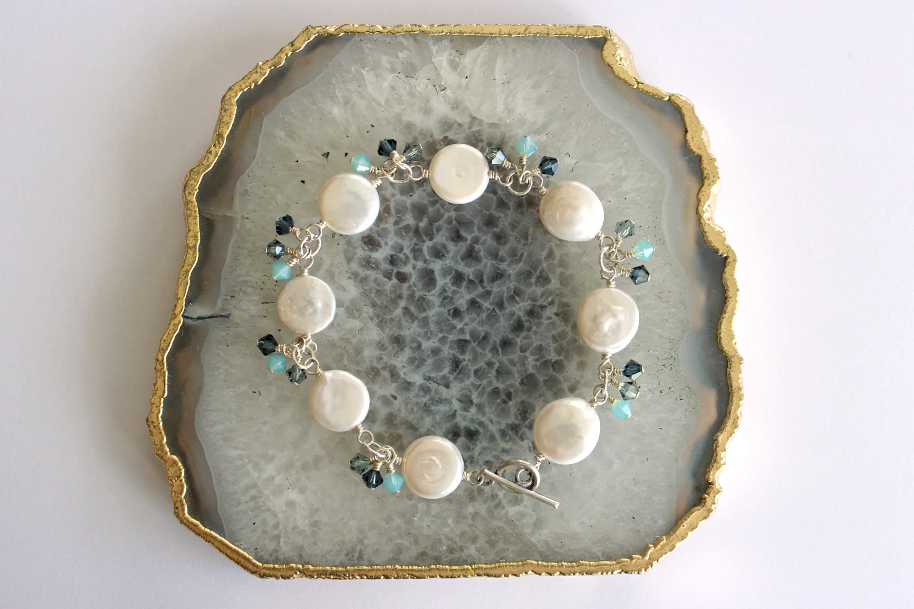 Freshwater Pearl & Swarovski Crystal Sterling Silver Ocean Bracelet - image 4