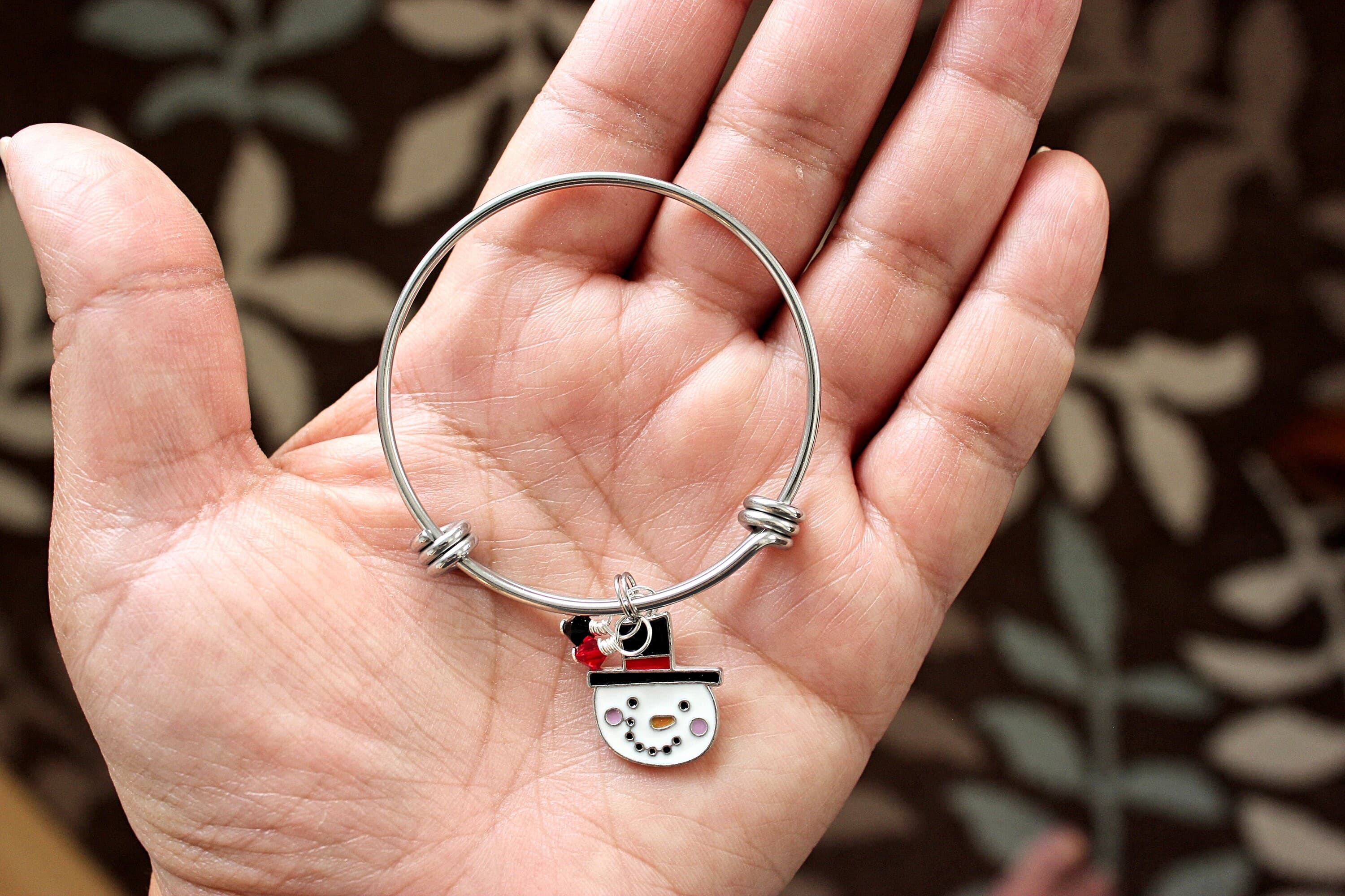 Child-Size Christmas Enamel Snowman Charm & Swarovski Crystal Stainless Steel Bangle (for kids!) - image 3