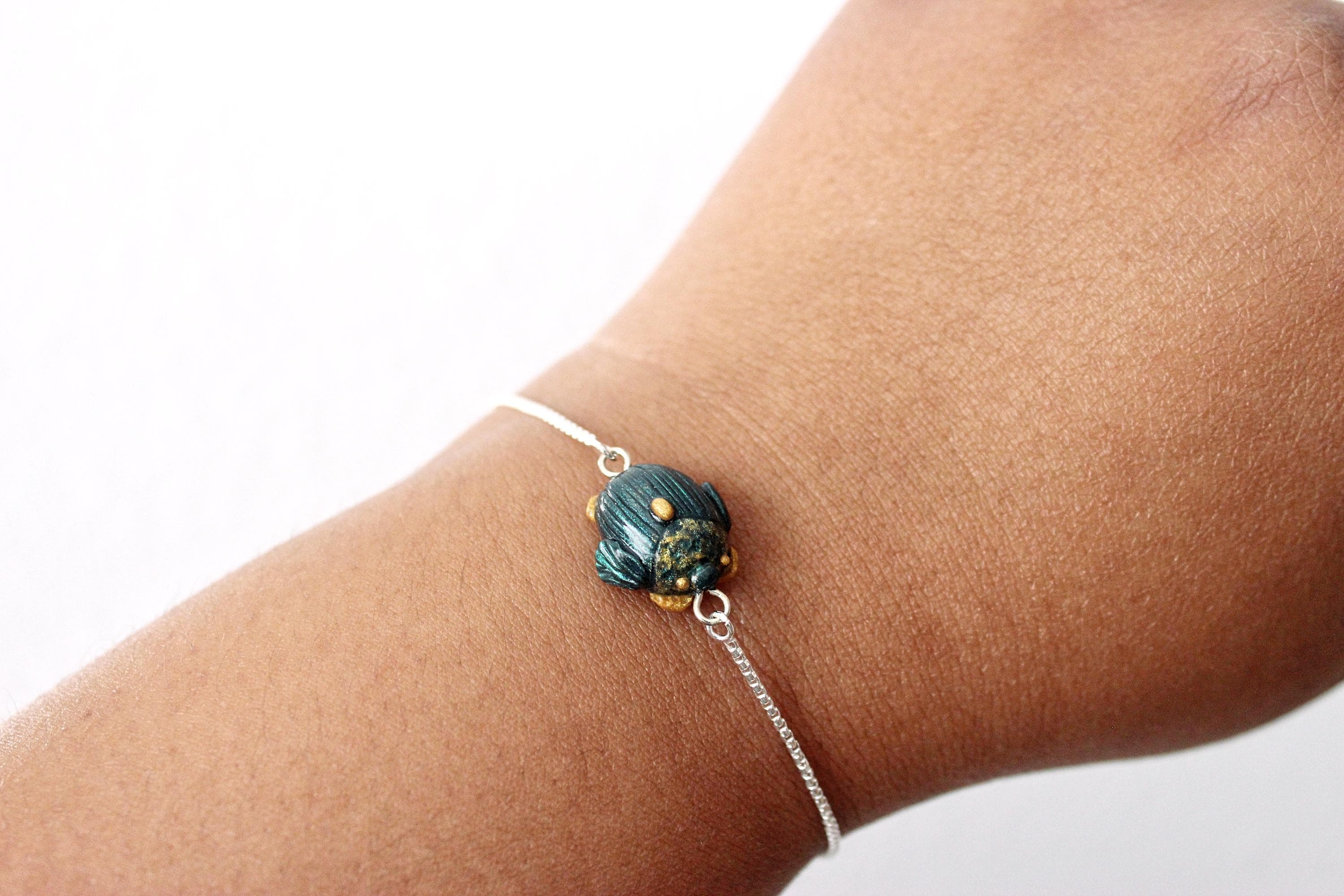 Scarab 3D Polymer Clay 10-inch Adjustable Sterling Silver Bracelet