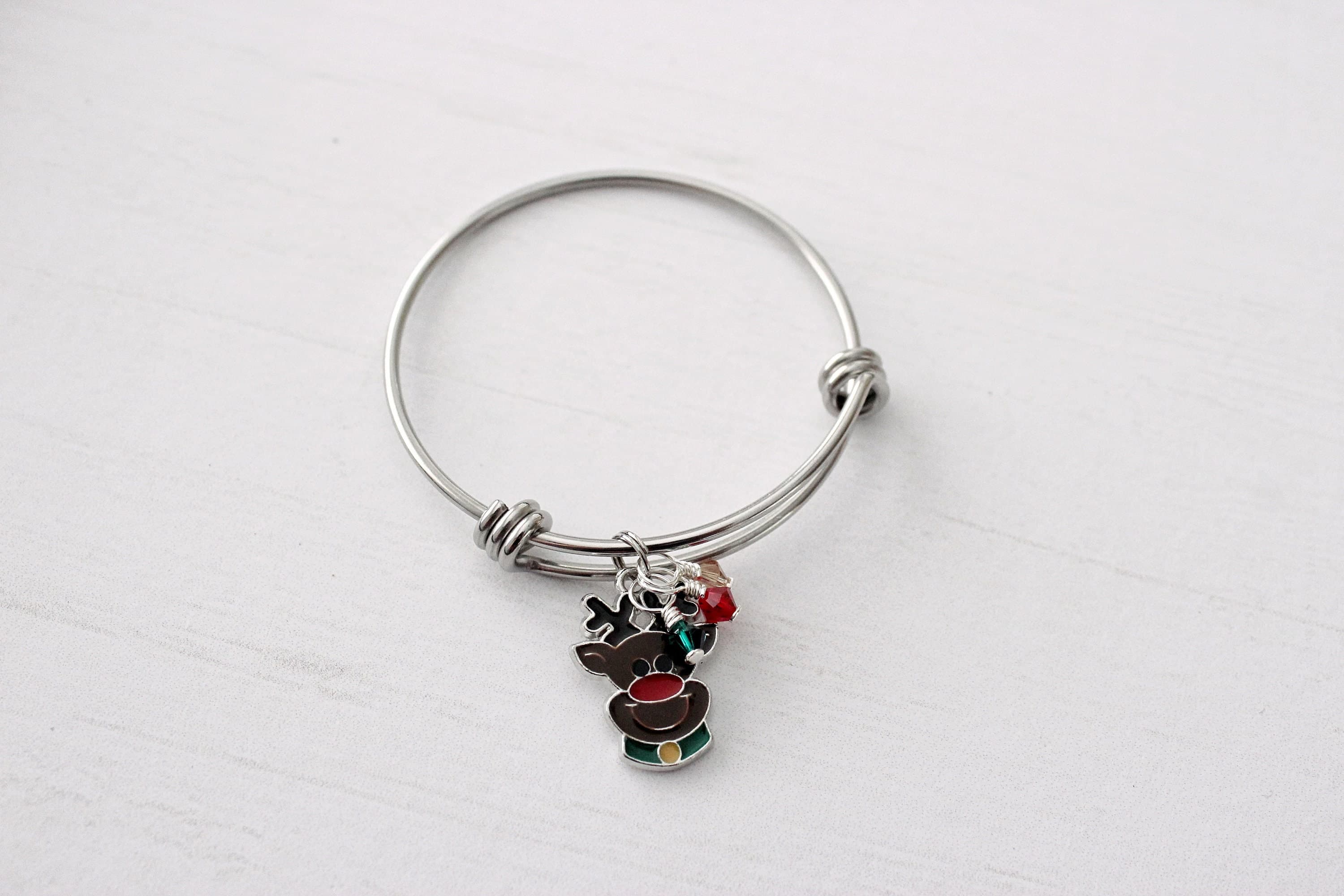 Child-Size Christmas Enamel Reindeer Charm & Swarovski Crystal Stainless Steel Bangle (for kids!)