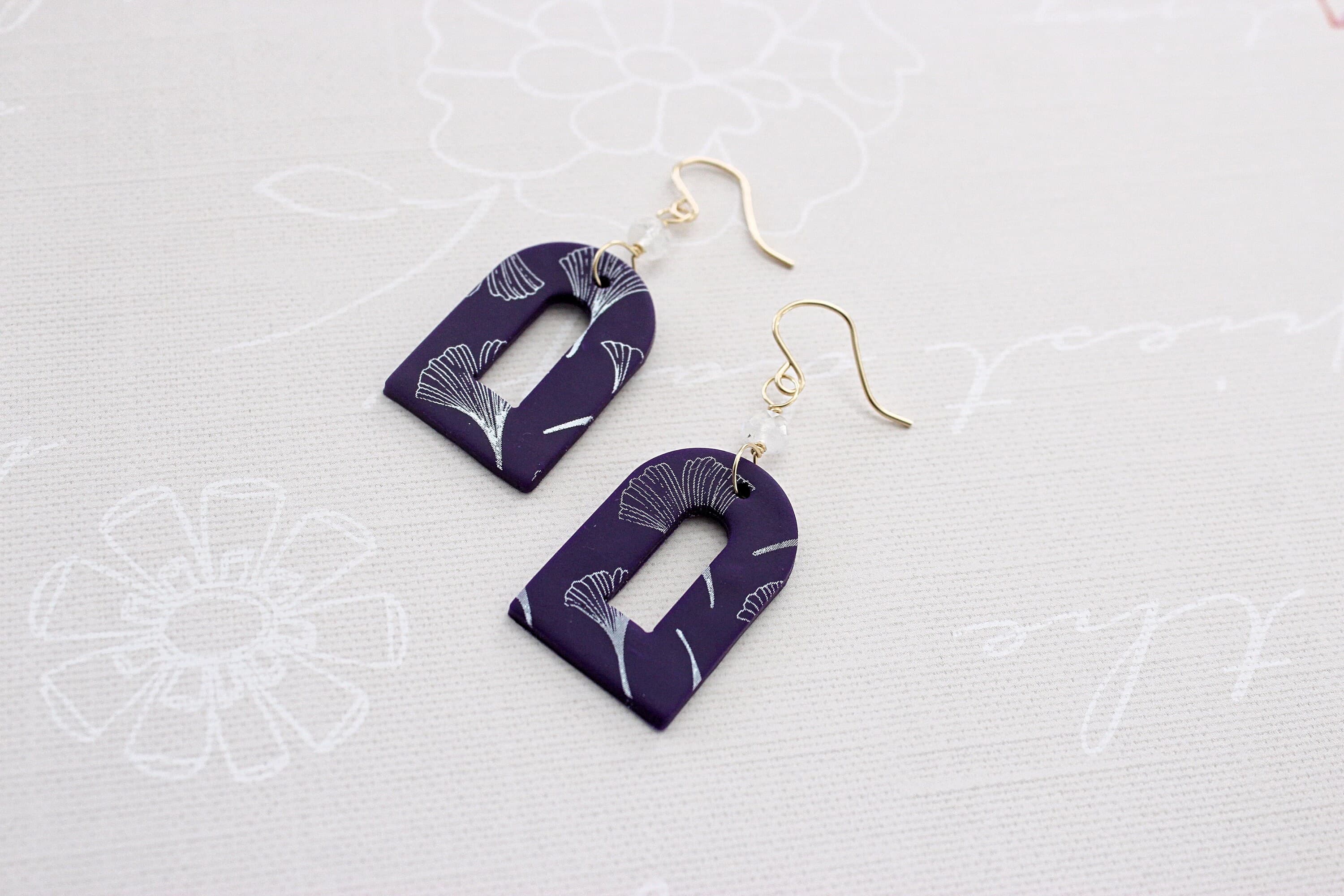 Rainbow Moonstone & Ginkgo Leaf Purple Polymer Clay 14k Gold-Filled Earrings - image 3
