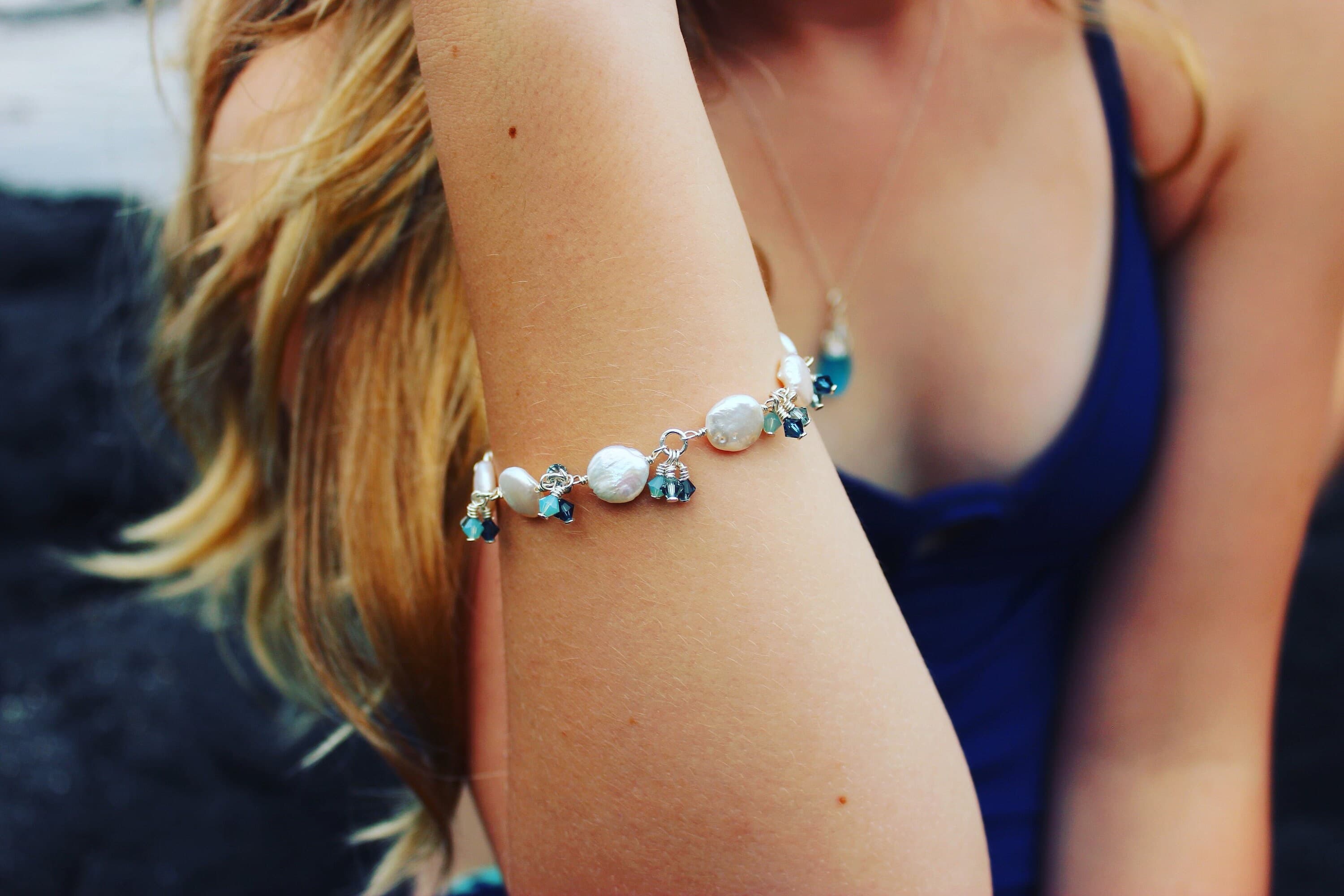 Freshwater Pearl & Swarovski Crystal Sterling Silver Ocean Bracelet