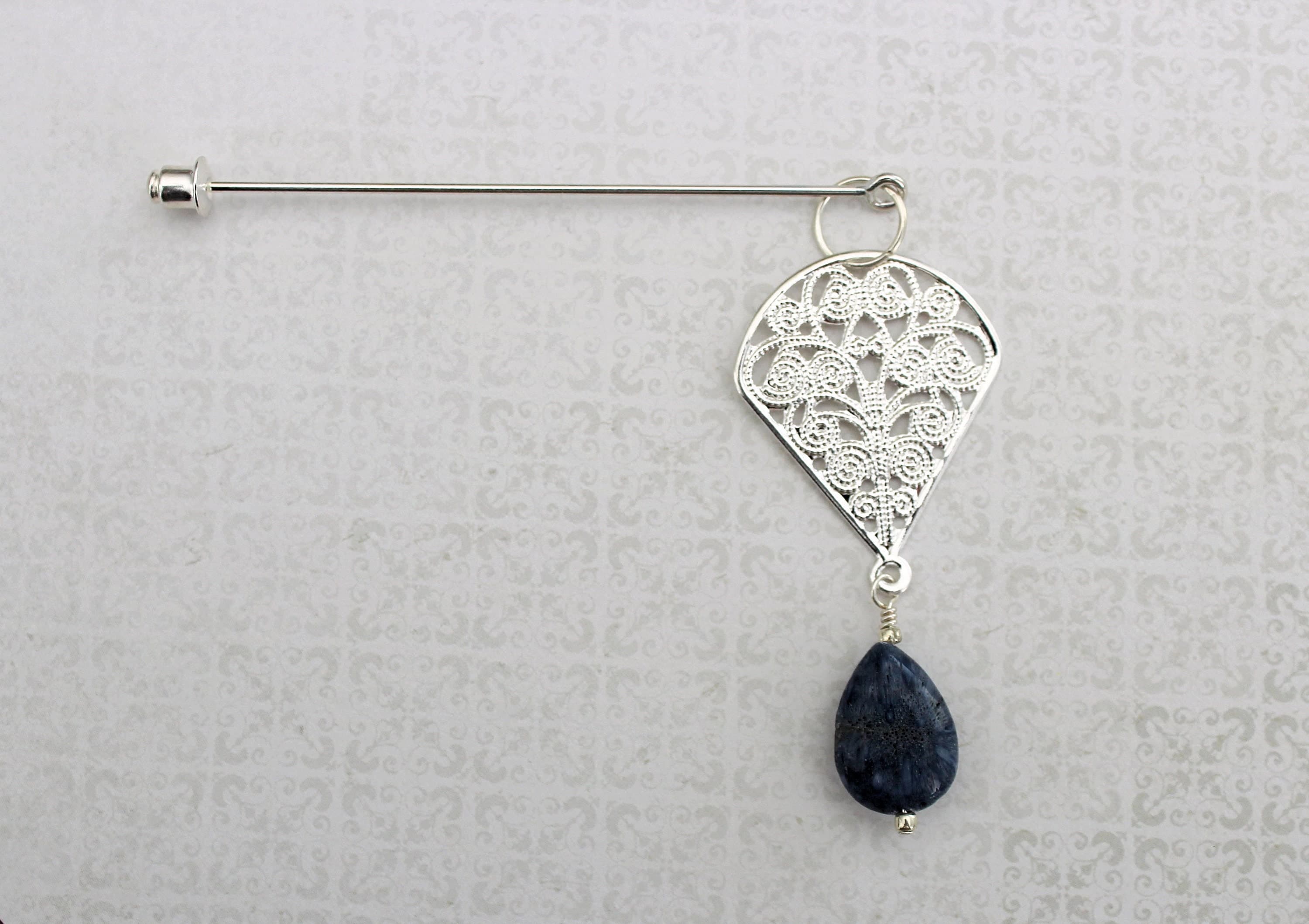 Upside-Down Blue Coral Silver-Plated Teardrop Hat or Scarf Pin - image 3