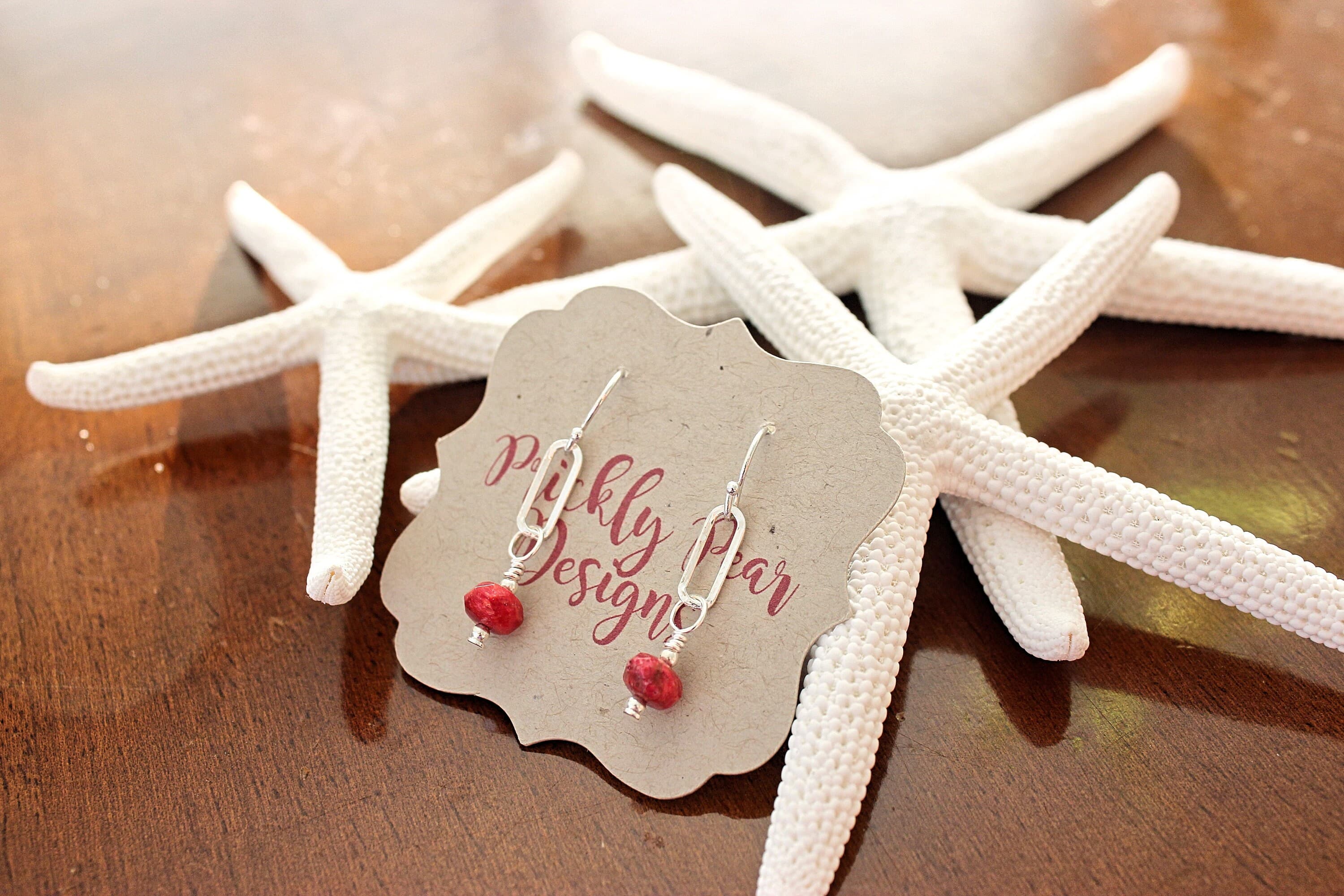Faceted Red Coral Sterling Silver Paperclip Earrings