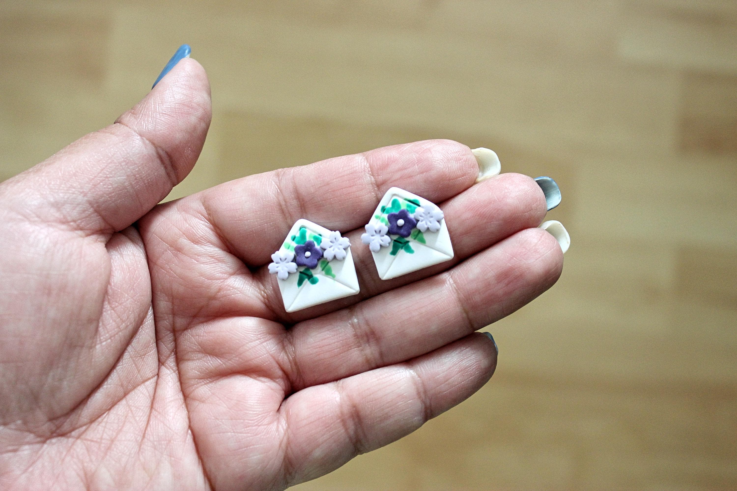 Flower Boquet in an Envelope Polymer Clay Stainless Steel Stud Earrings - image 3