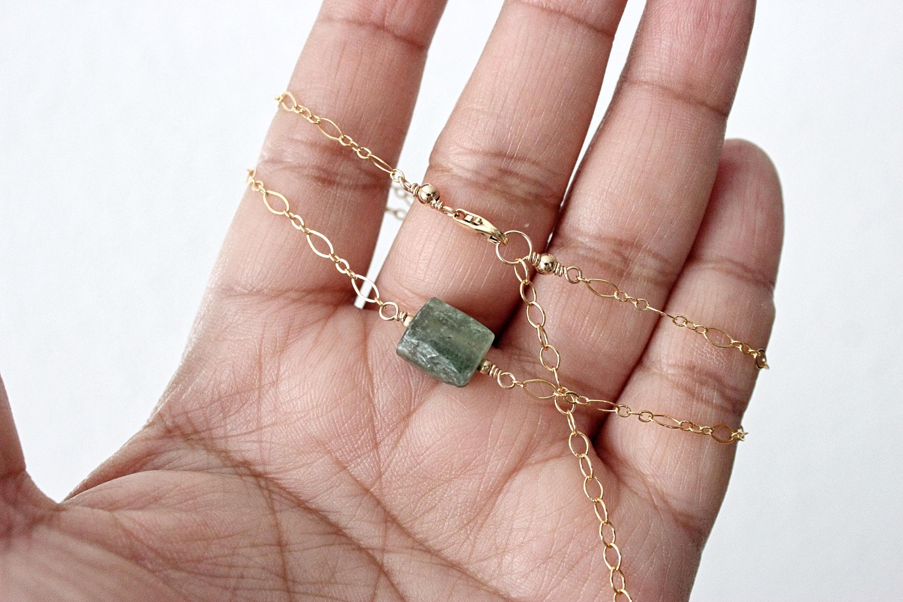 Green Kyanite Chunk 14" Gold-Filled Choker with 3" Extension Chain