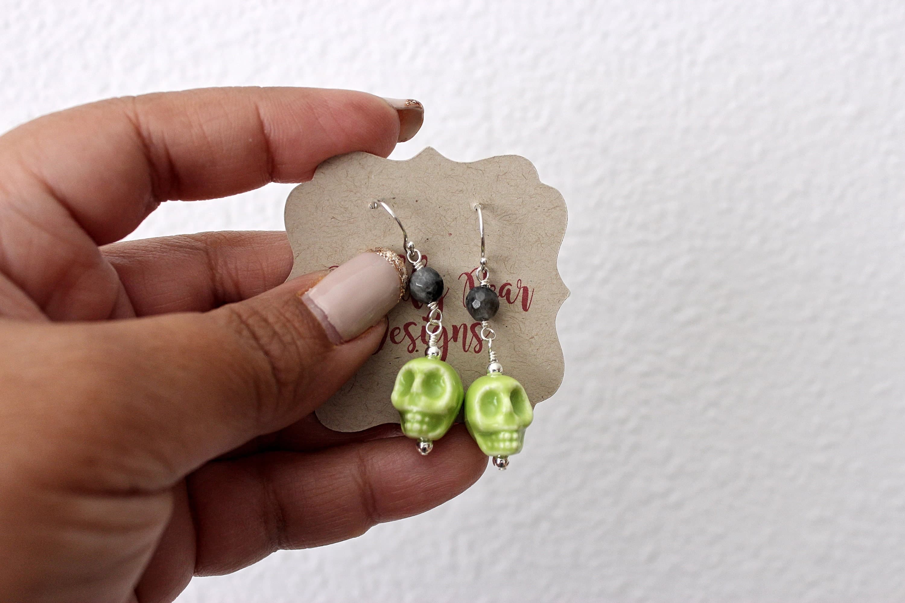 Green Ceramic Skull & Black Labradorite Sterling Silver Earrings