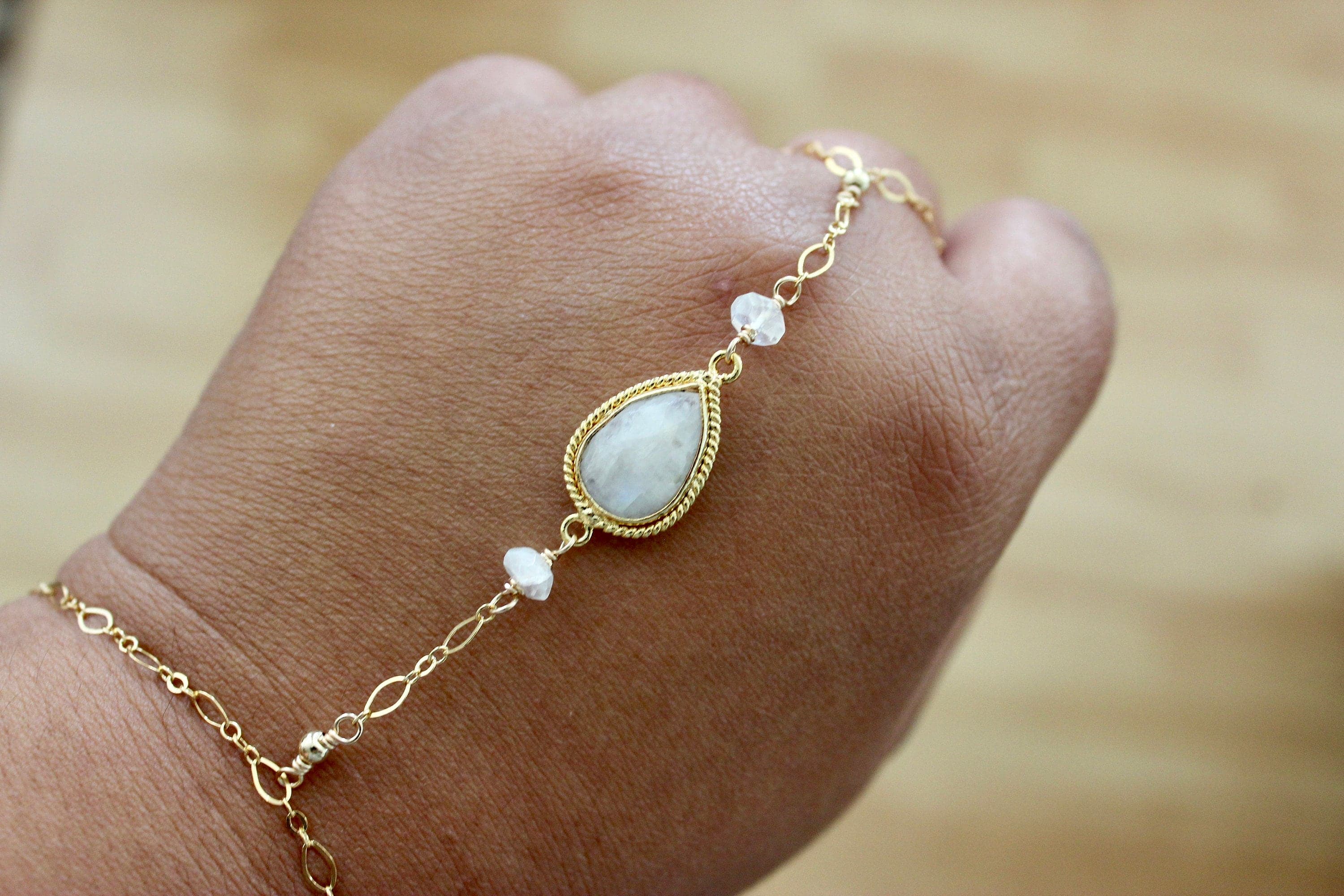 Bollywood-Inspired Moonstone Framed Gemstone 14k Gold-Filled Hand Chain