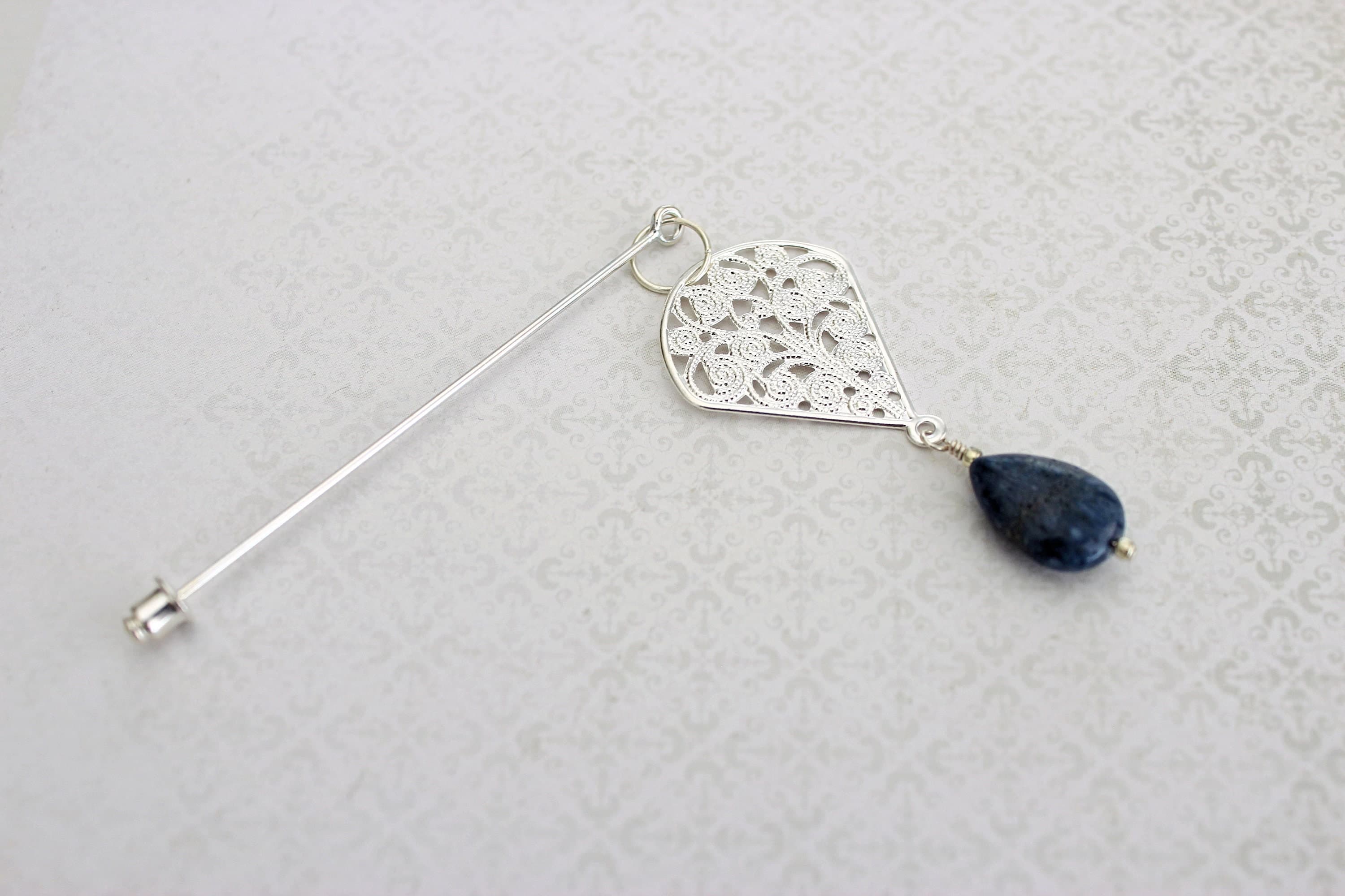 Upside-Down Blue Coral Silver-Plated Teardrop Hat or Scarf Pin - image 4