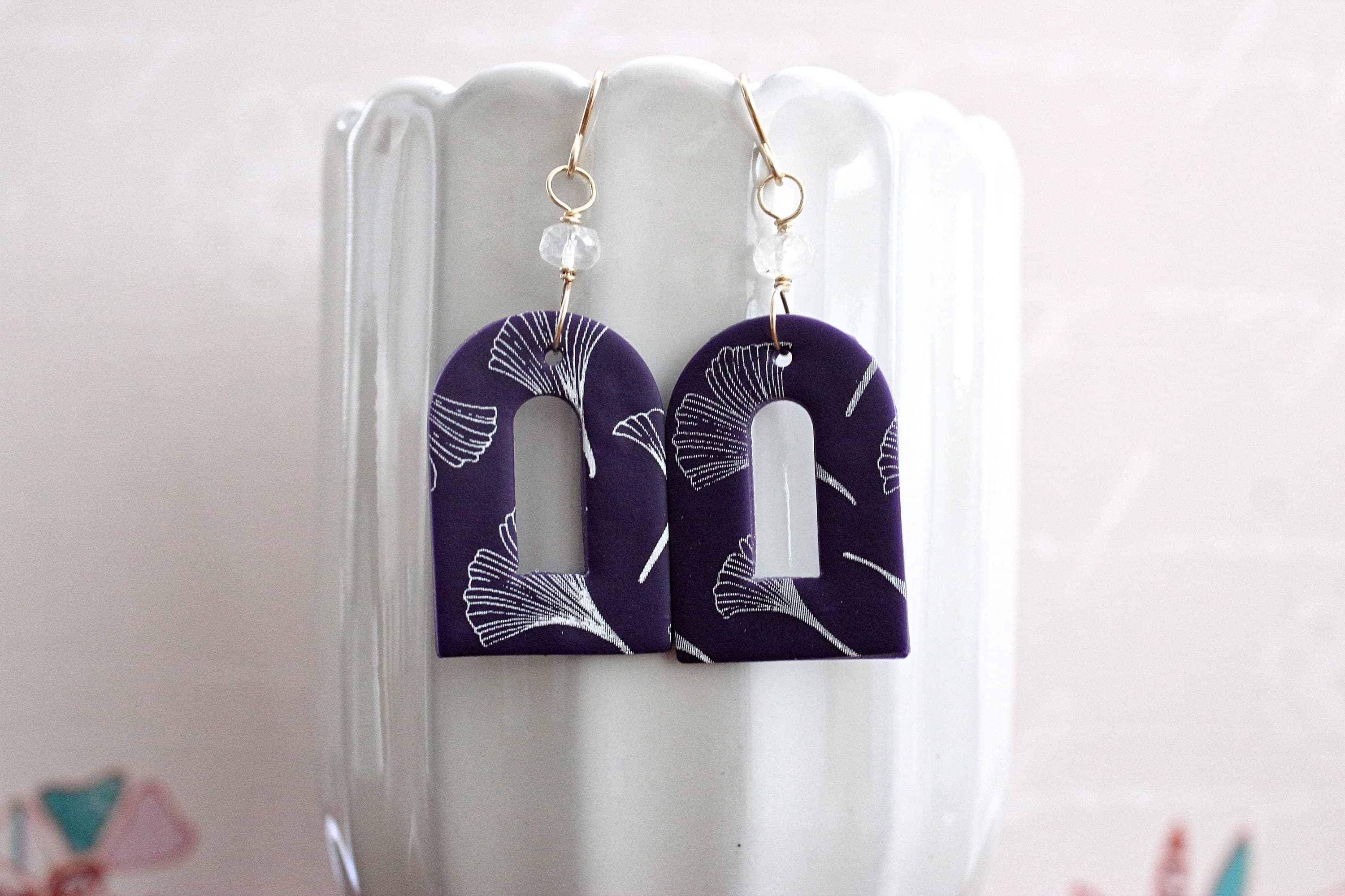 Rainbow Moonstone & Ginkgo Leaf Purple Polymer Clay 14k Gold-Filled Earrings - image 4
