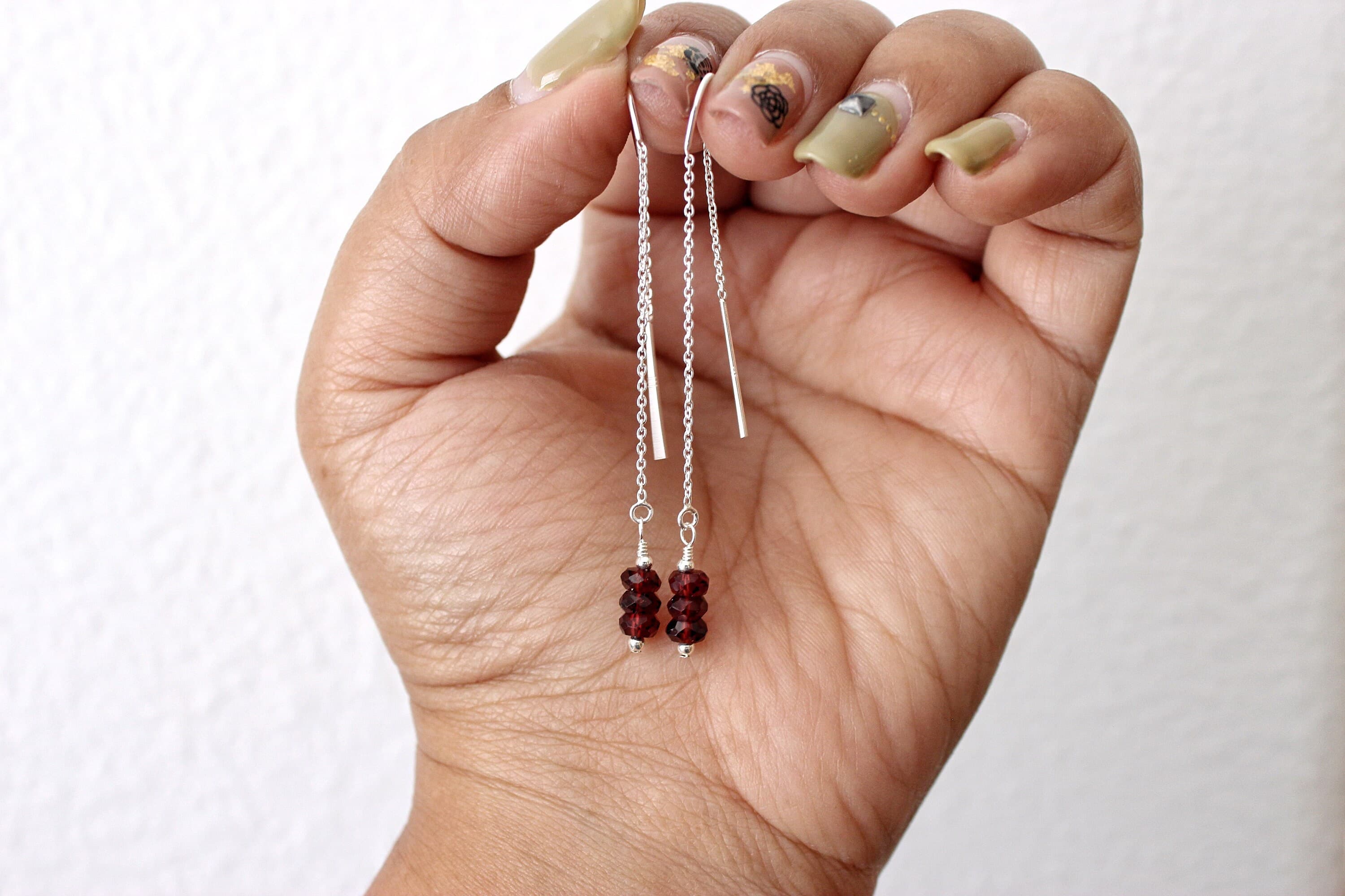 Simple Garnet Sterling Silver Threader Earrings - image 3