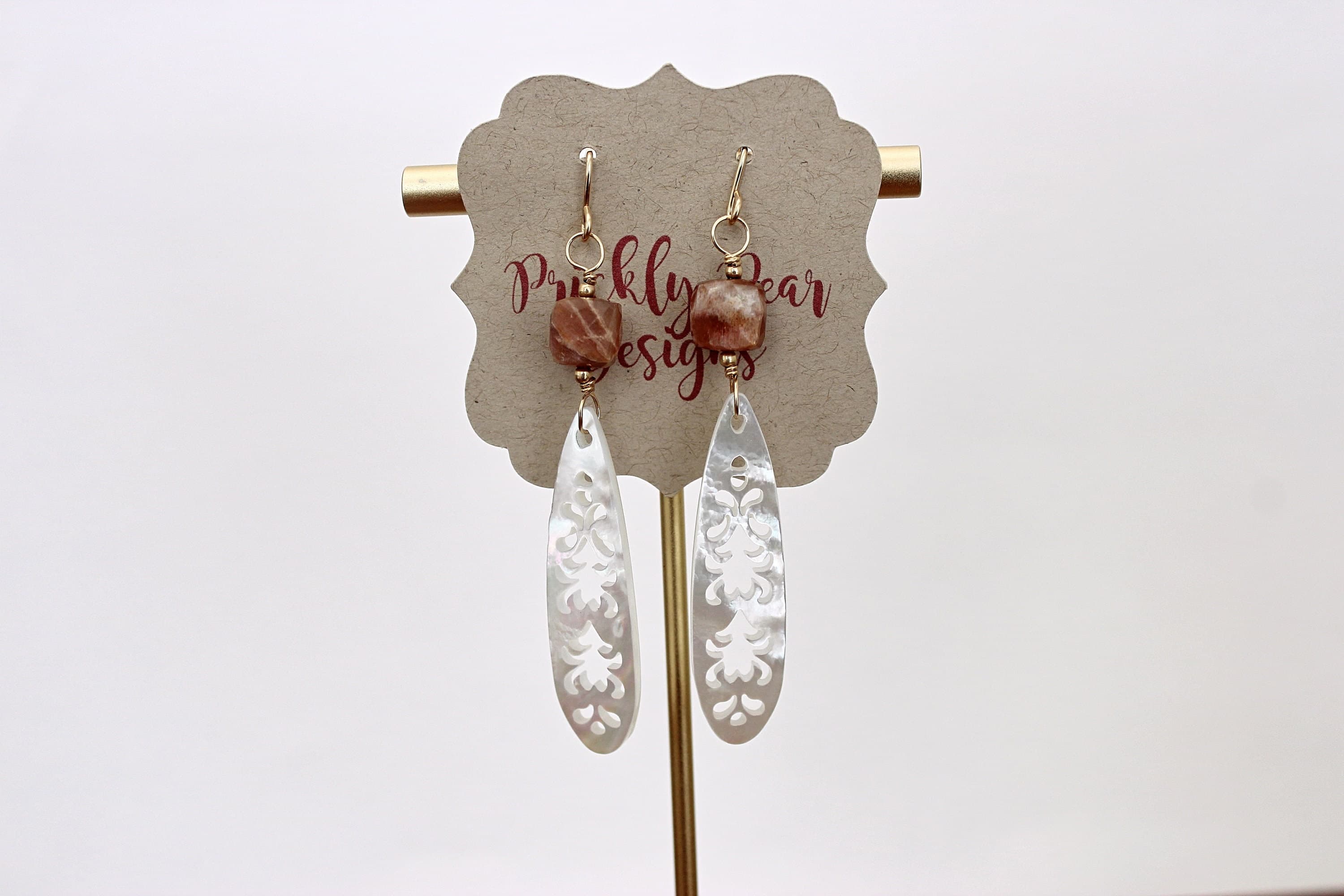 Mother-of-Pearl & Peach Moonstone Cube 14k Gold-Filled Earrings - image 5