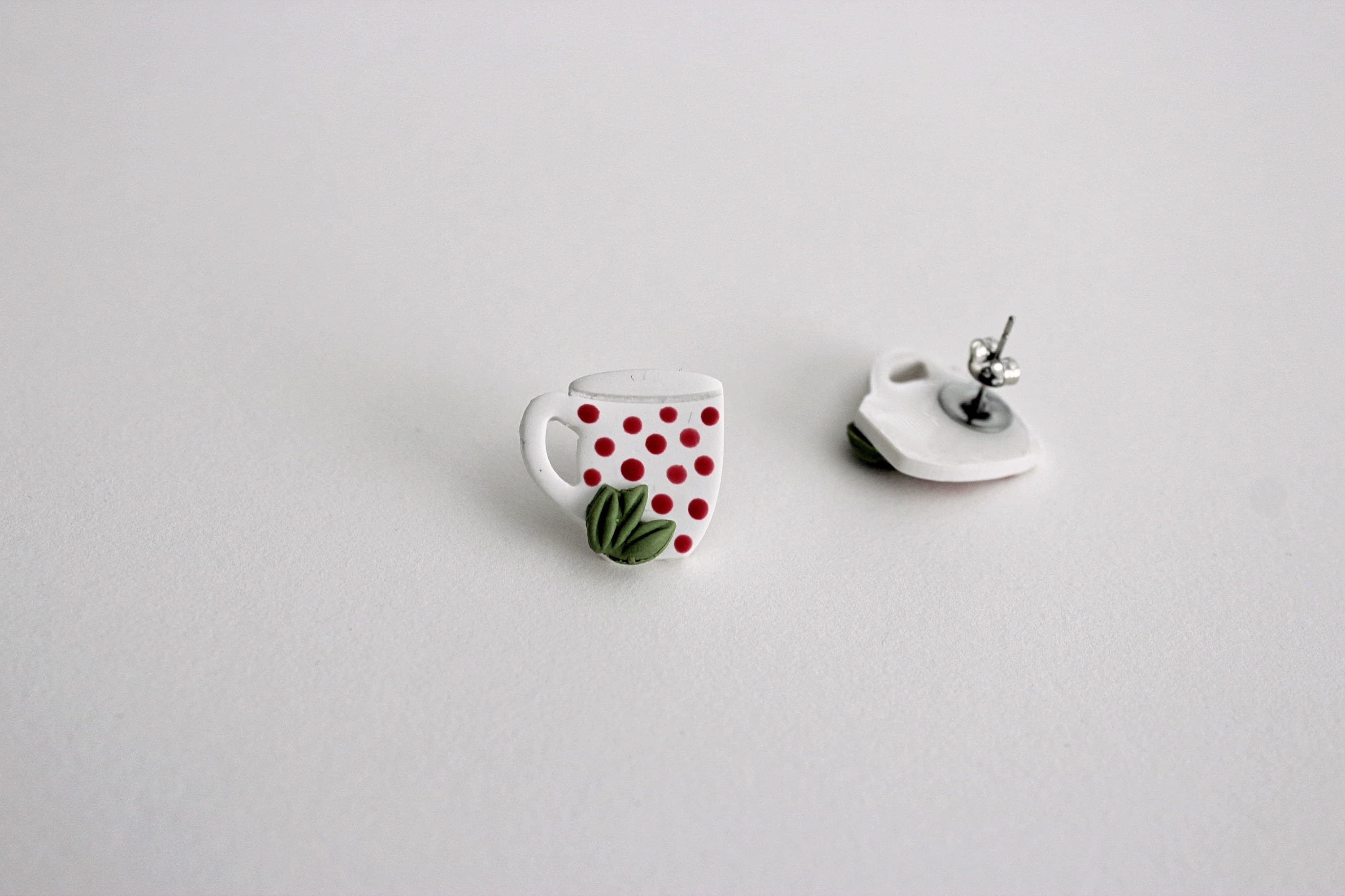 Polka Dot Coffee Mug Polymer Clay Stainless Steel Stud Earrings - image 4