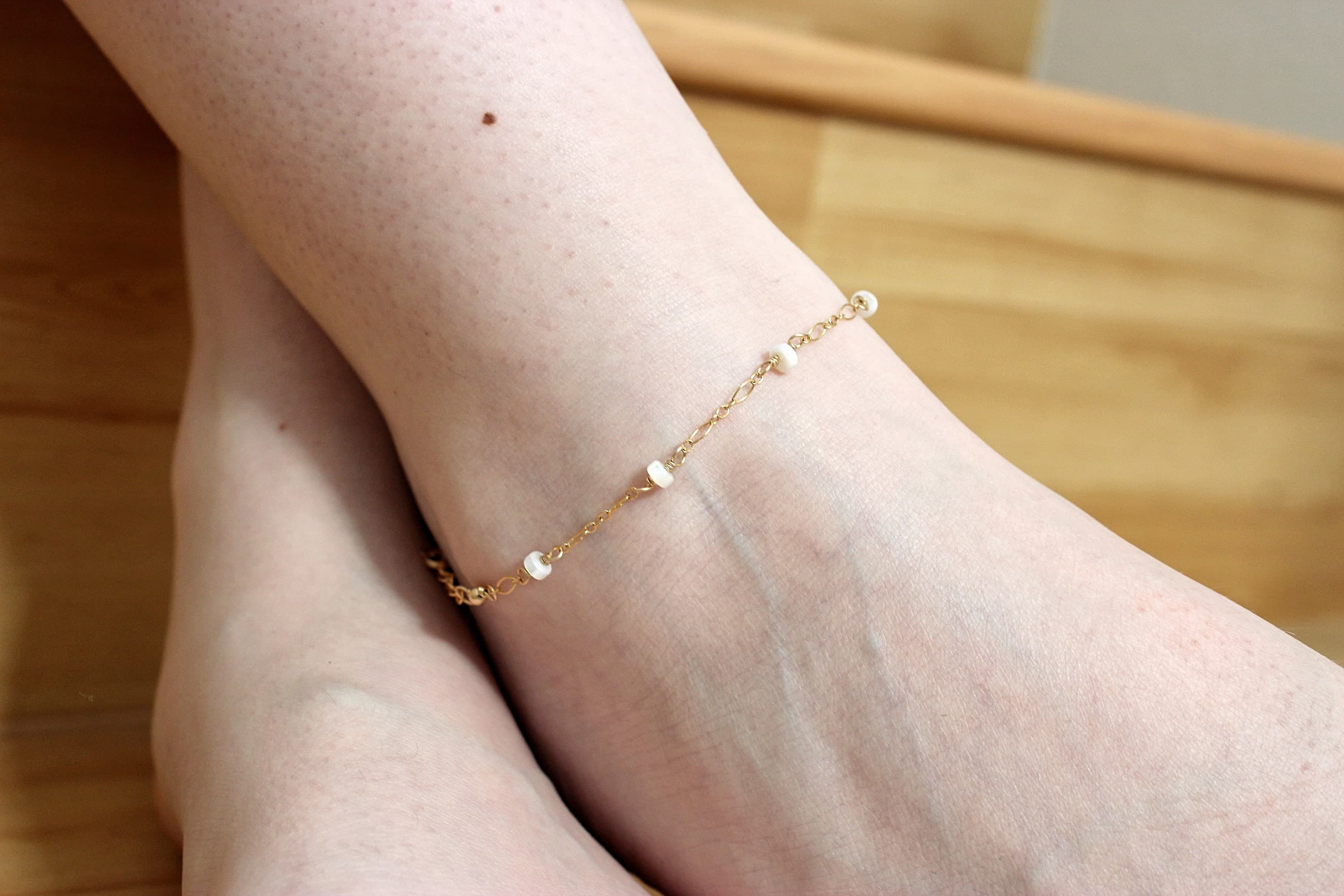 White Mother-of-Pearl Rondelle 14k Gold-Filled 9-inch Ankle Bracelet with 1.5-inch Extension Chain - image 4