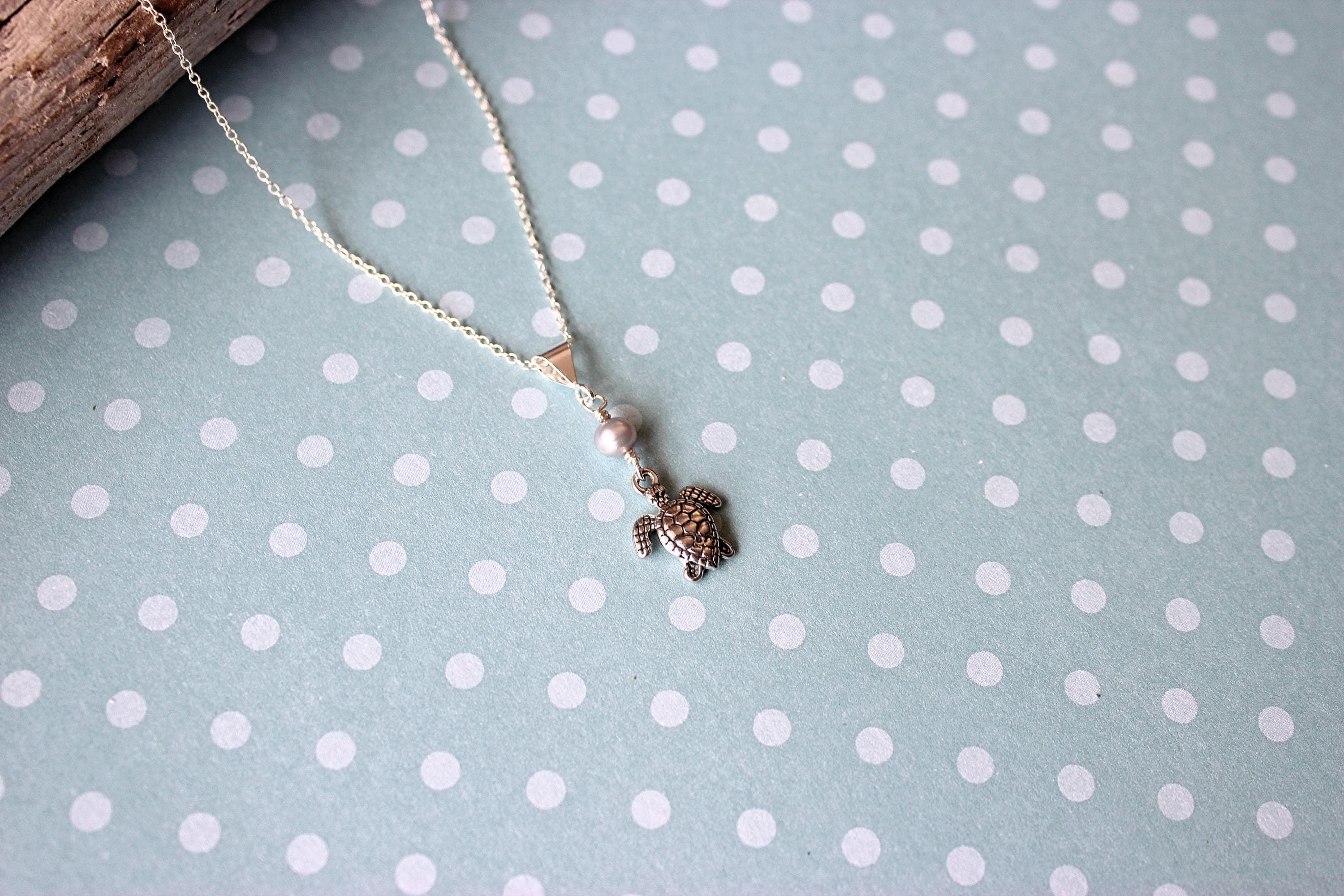 Gray Button Pearl & Sea Turtle Charm 18" Sterling Silver Necklace - image 3