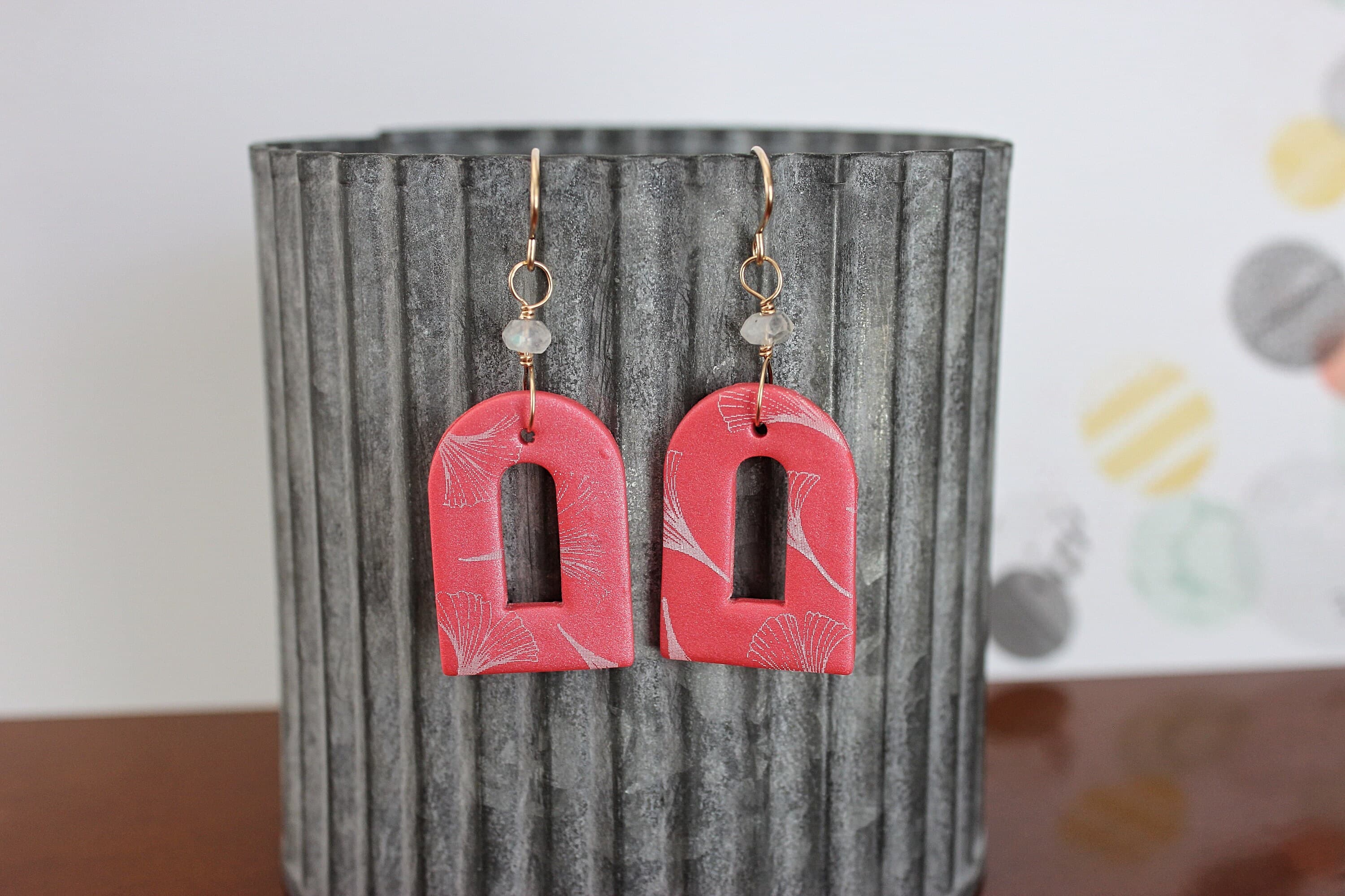 Rainbow Moonstone & Ginkgo Leaf Coral Polymer Clay 14k Gold-Filled Earrings