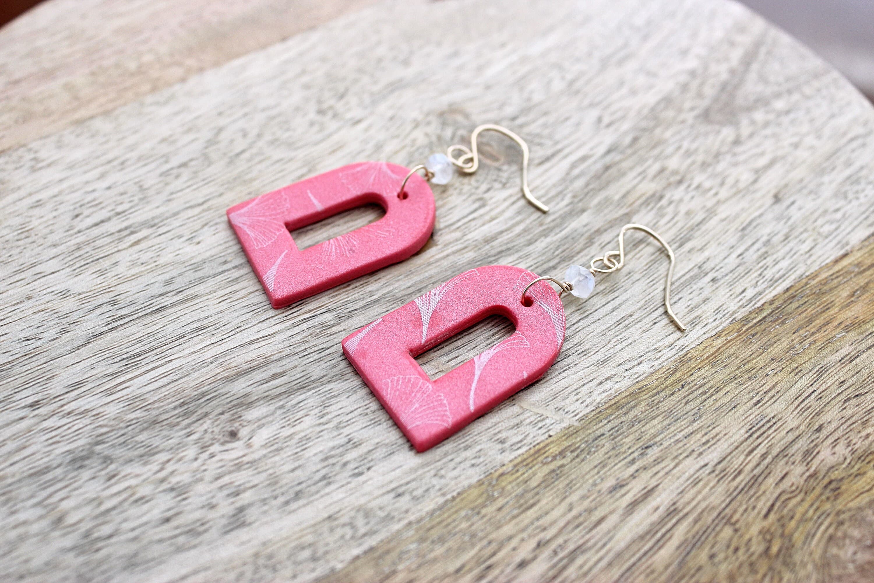 Rainbow Moonstone & Ginkgo Leaf Coral Polymer Clay 14k Gold-Filled Earrings - image 4