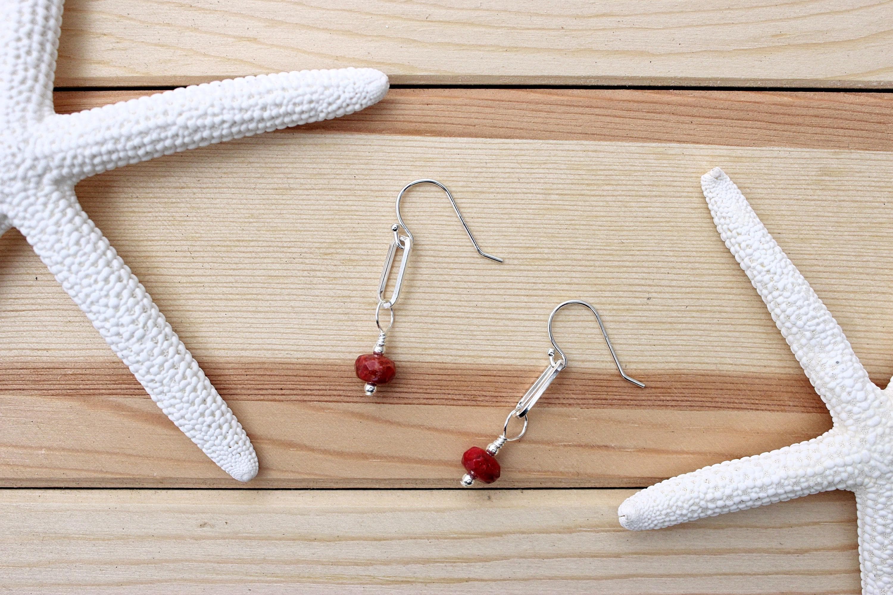 Faceted Red Coral Sterling Silver Paperclip Earrings - image 4