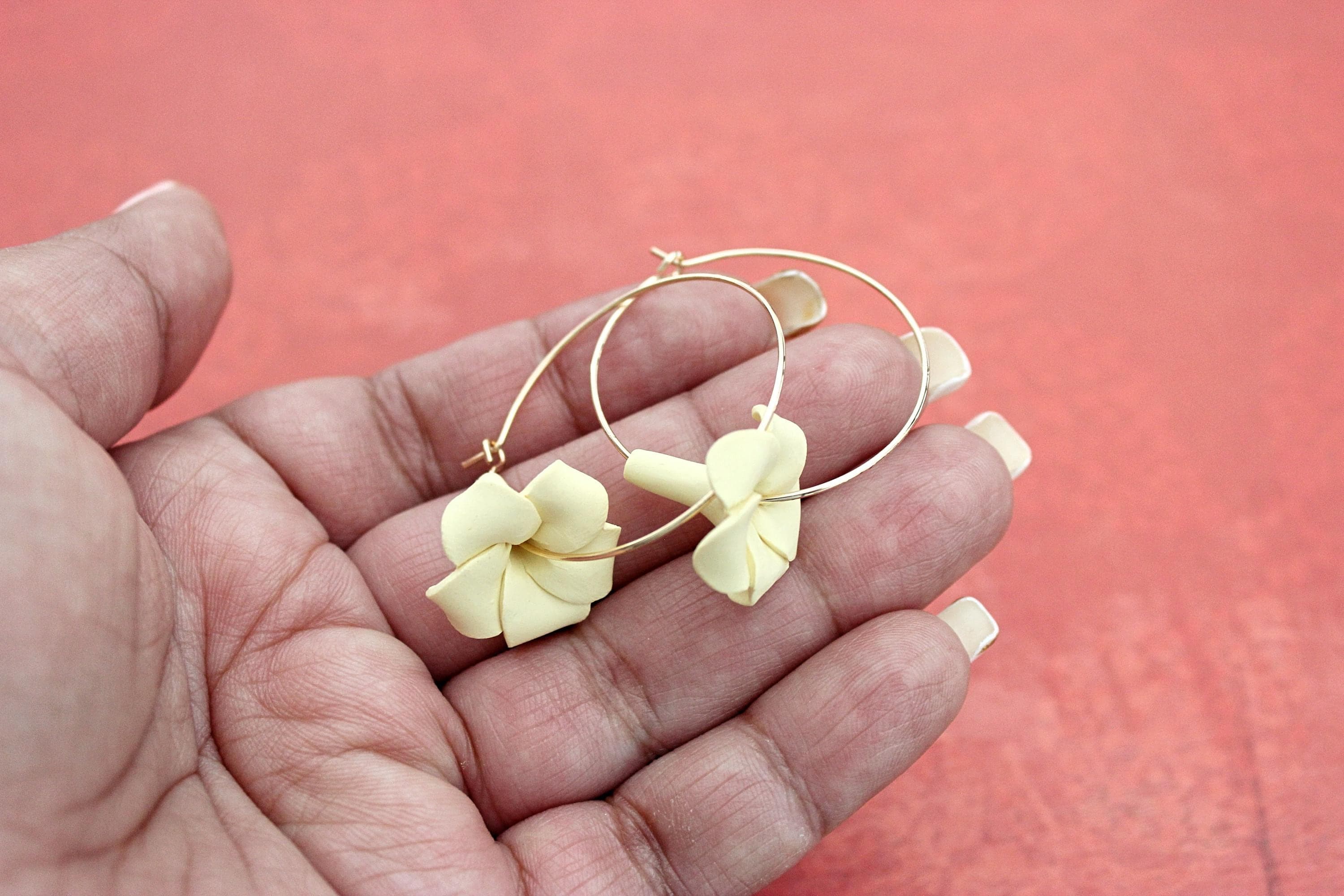 Puakenikeni (Perfume Flower) Yellow Polymer Clay 14k Gold-Filled Hoop Earrings - image 3