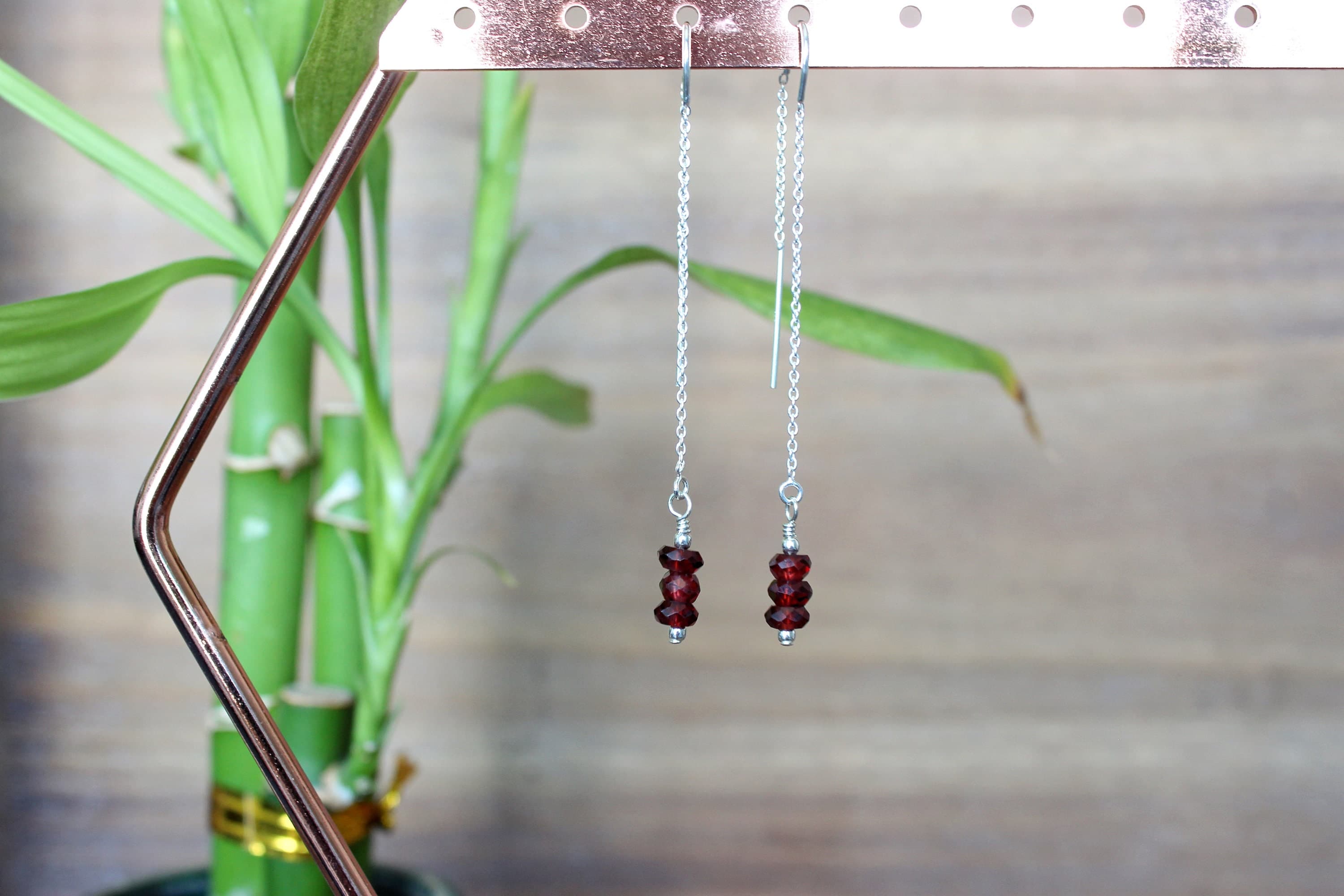 Simple Garnet Sterling Silver Threader Earrings