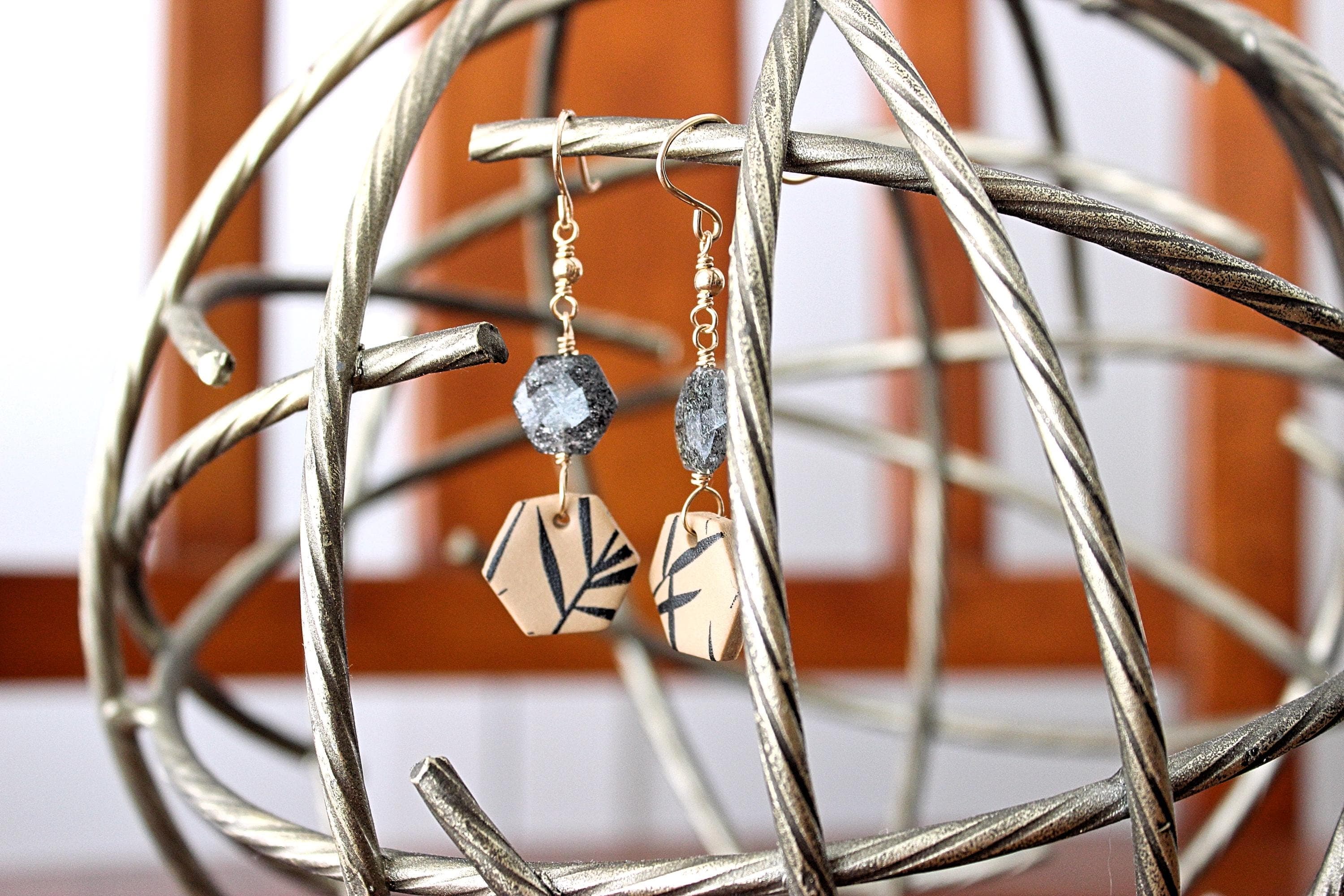 Star Quartz & Fern Polymer Clay Hexagon 14k Gold-Filled Earrings