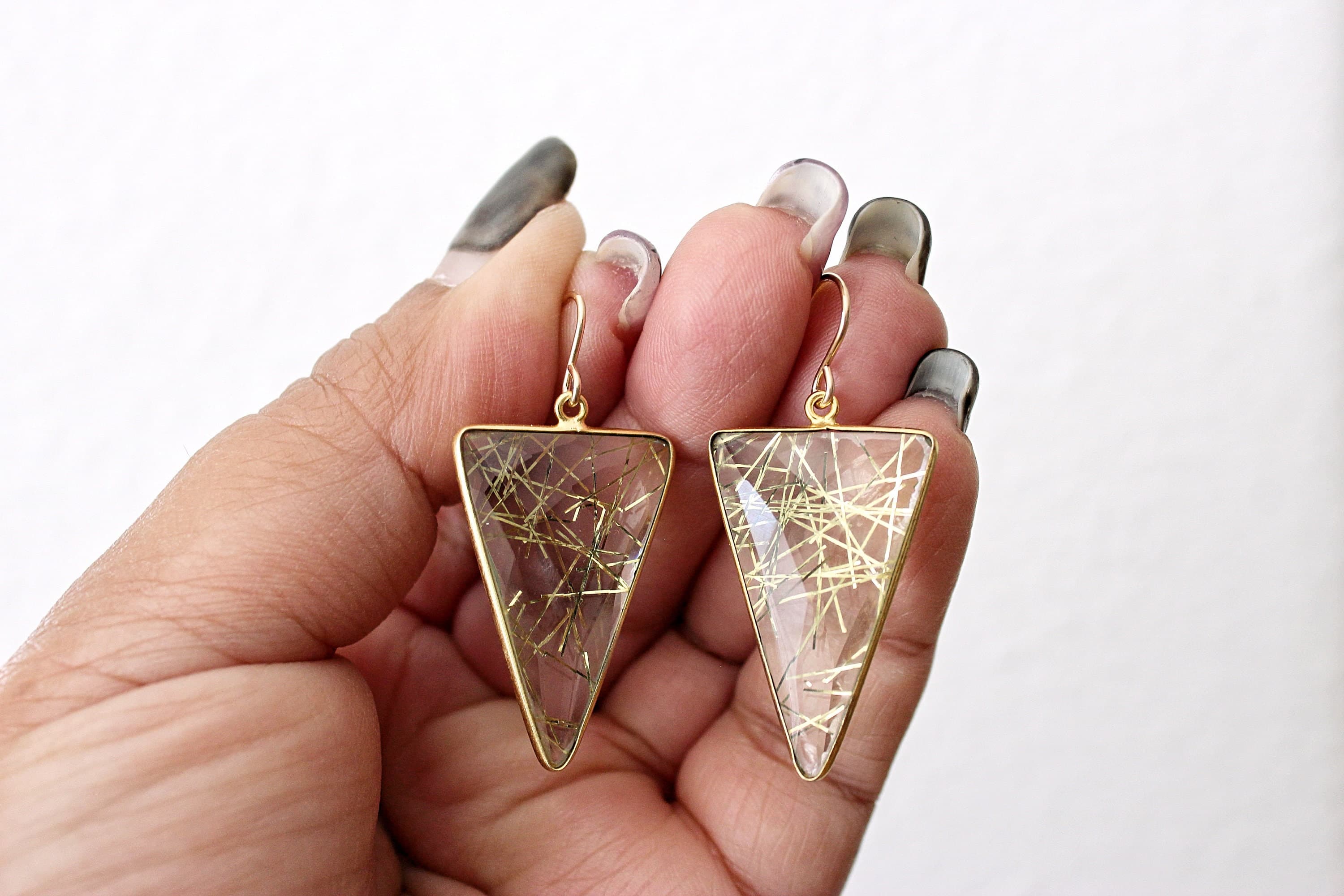 Bezeled Golden Rutile Dagger 14k Gold-Filled Dangle Earrings - image 5