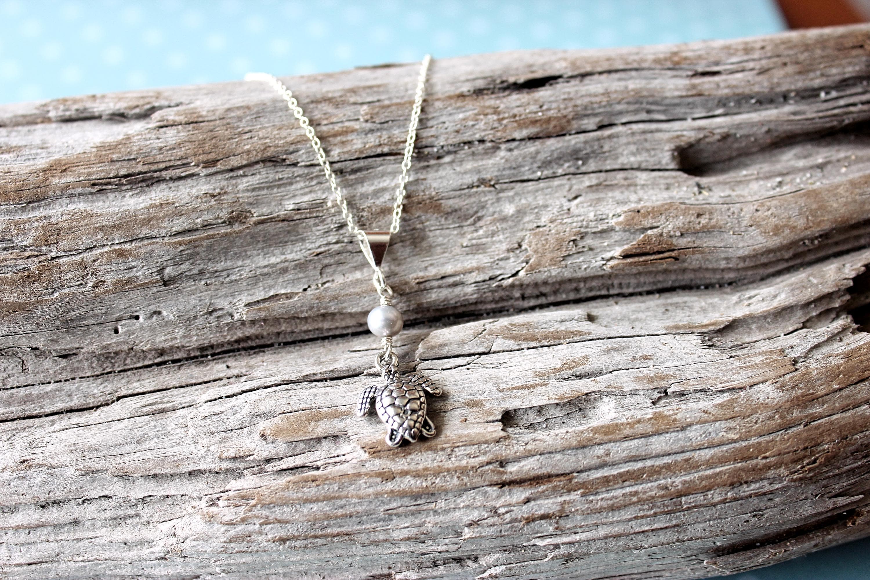 Gray Button Pearl & Sea Turtle Charm 18" Sterling Silver Necklace - image 4
