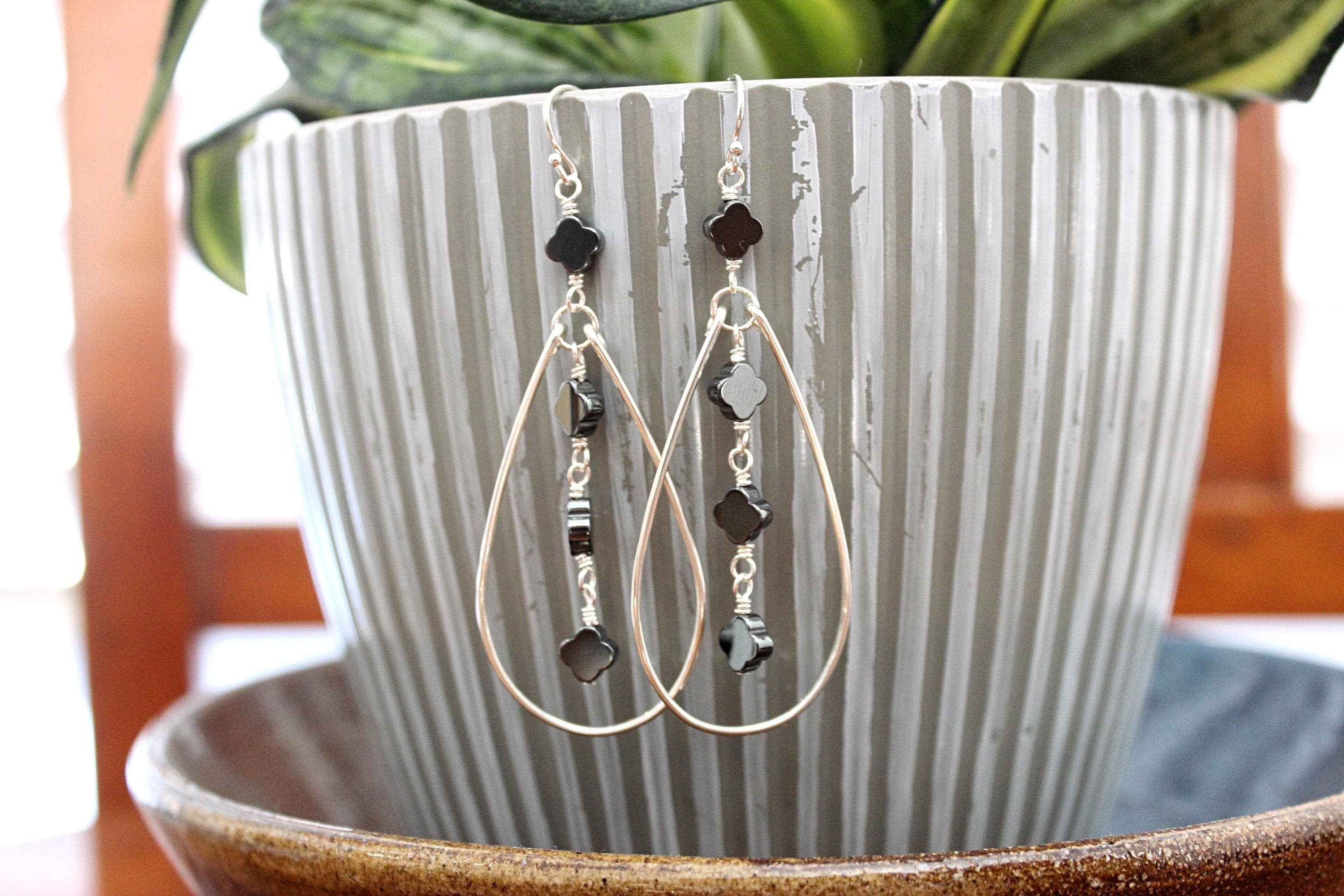 Hematite Quatrefoil Sterling Silver Teardrop Earrings - image 3