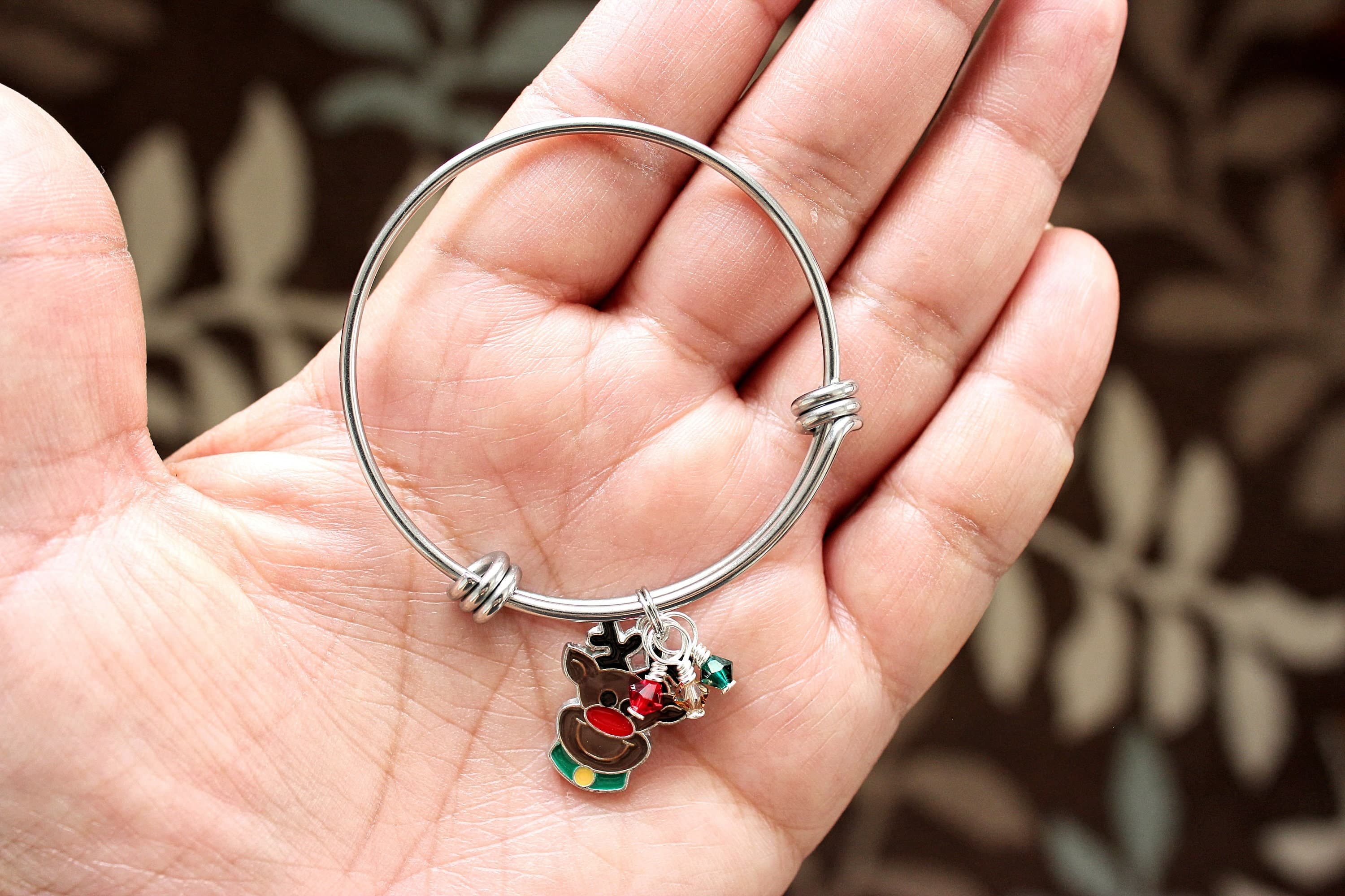 Child-Size Christmas Enamel Reindeer Charm & Swarovski Crystal Stainless Steel Bangle (for kids!) - image 3