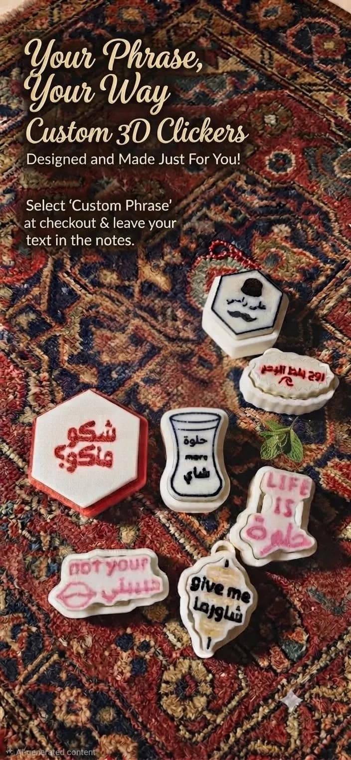 A collection of six custom 3D printed fidget clickers in various shapes, including hexagons and custom outlines. Each stamp features unique text in English and Arabic that can be customized to each customers liking.
