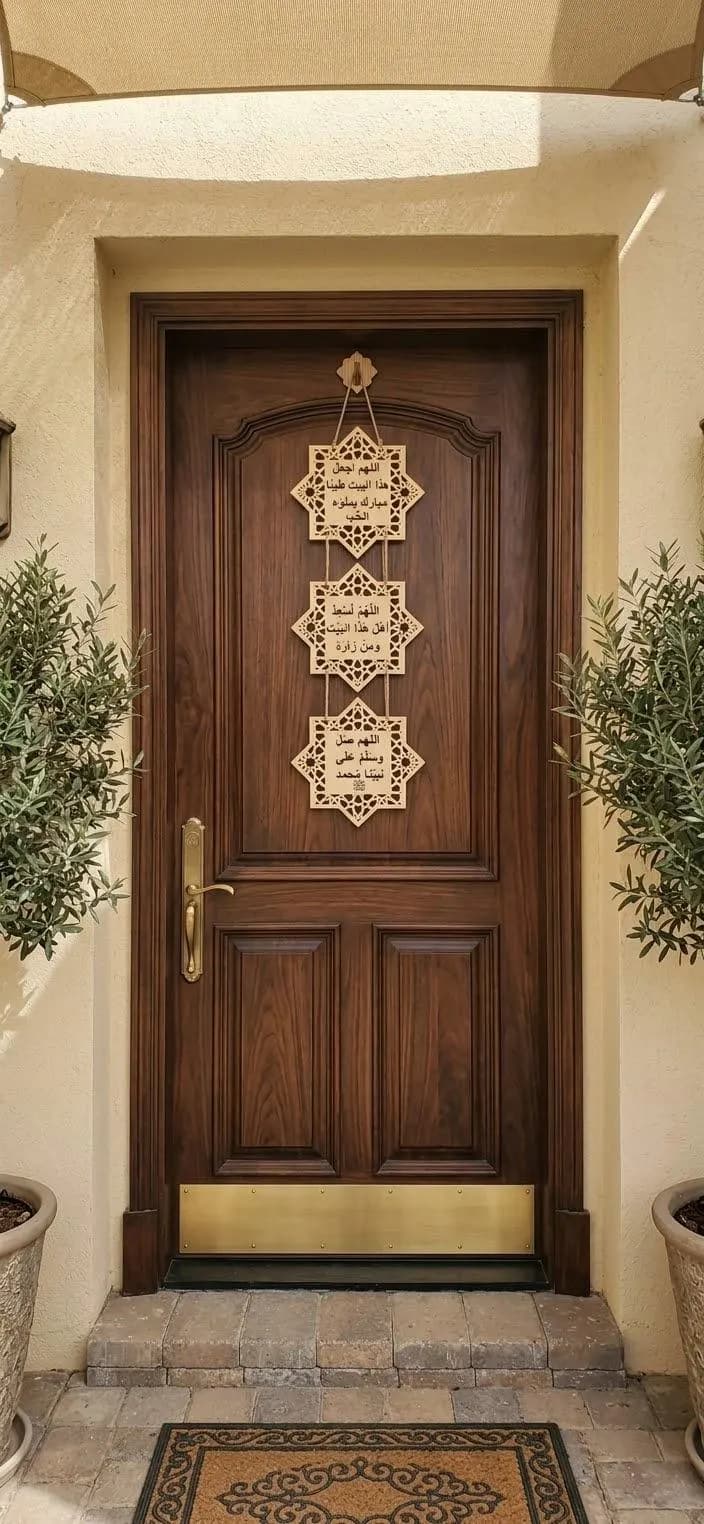 Three-piece Muslim door sign featuring Arabic dua wording, designed as an elegant welcome piece for a home entrance or interior doorway.