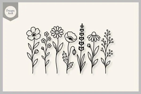 Wildflower Meadow SVG Bundle, Cottagecore Floral Svg, Minimalist Botanical Line Art, Wildflower Collection, Cricut Cut File, Png Dxf Eps