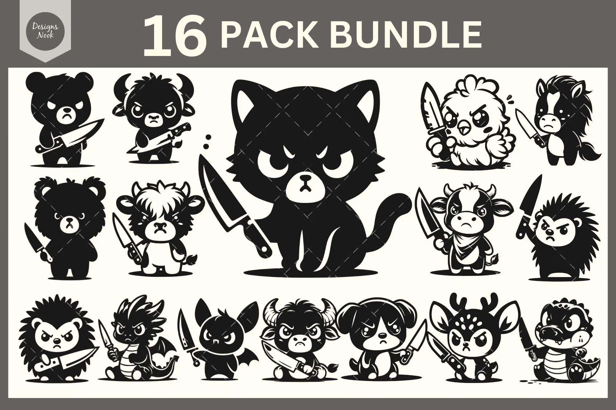 Cute Animal with Knife Svg Bundle, Animal Holding a Knife Clipart, Animal Cartoon Vector Bundle Set, Funny Animals Svg, Sarcasm Humor Svg