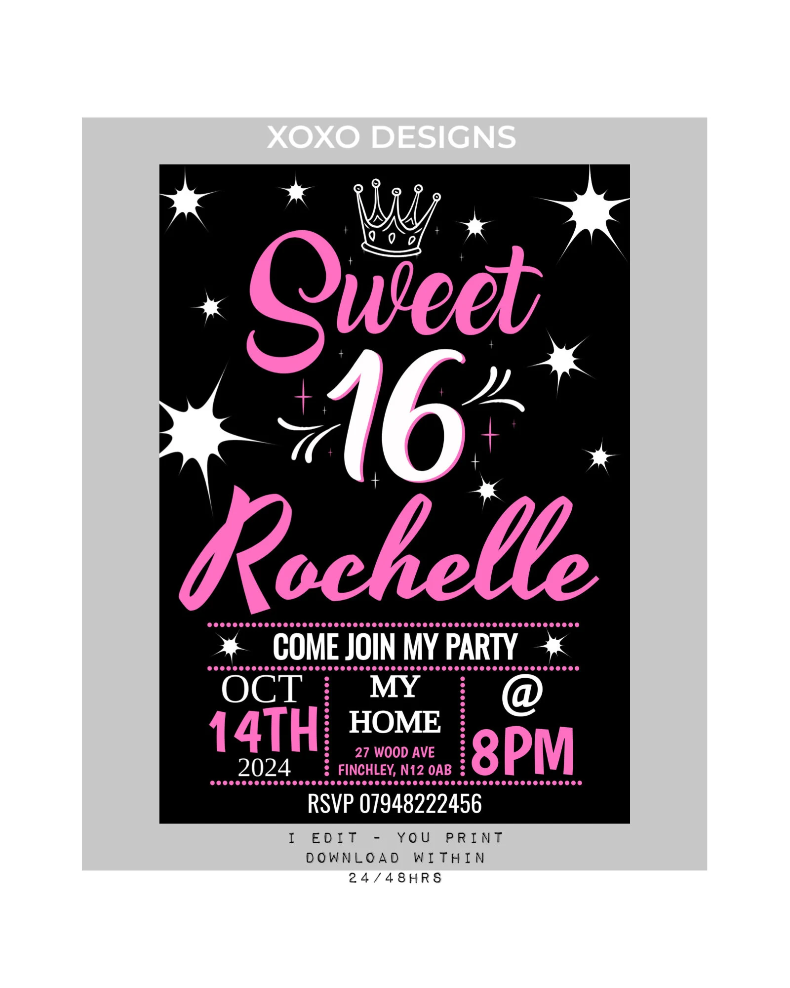 Sweet 16 Birthday Invitation: Pink & Black, Printable (Digital Download)