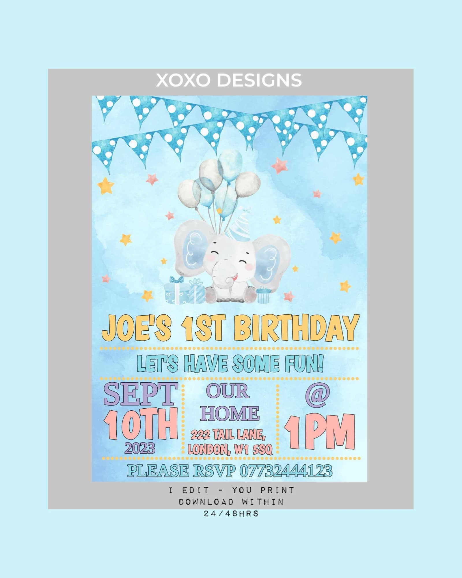 Boy's 1st Birthday Invitation: Blue Elephant Party (Digital Download)