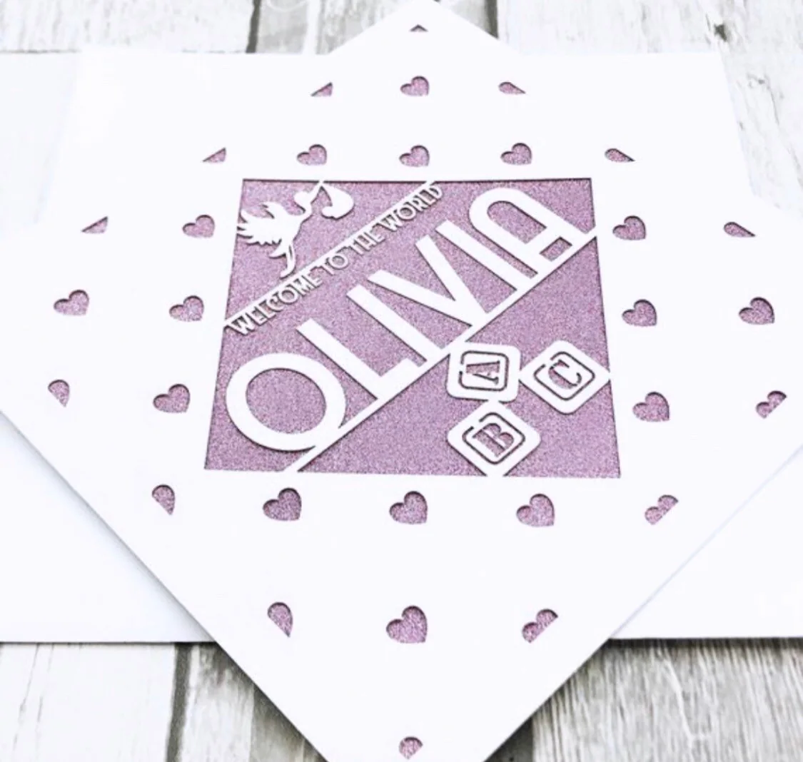 Personalised Laser Cut Baby Girl Card, Glitter Inlay