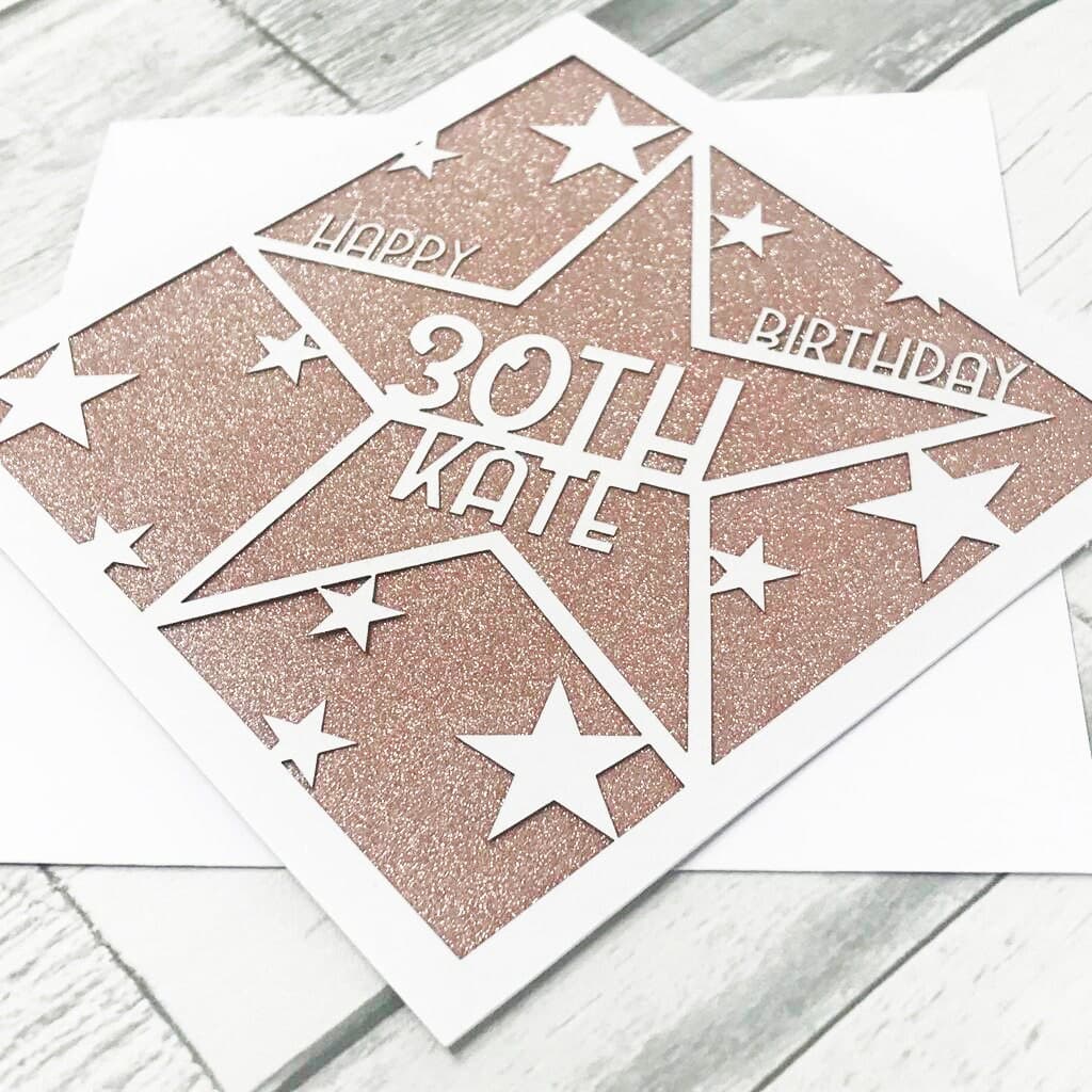 Personalised 30th Birthday Card, Laser Cut Glitter Star Design