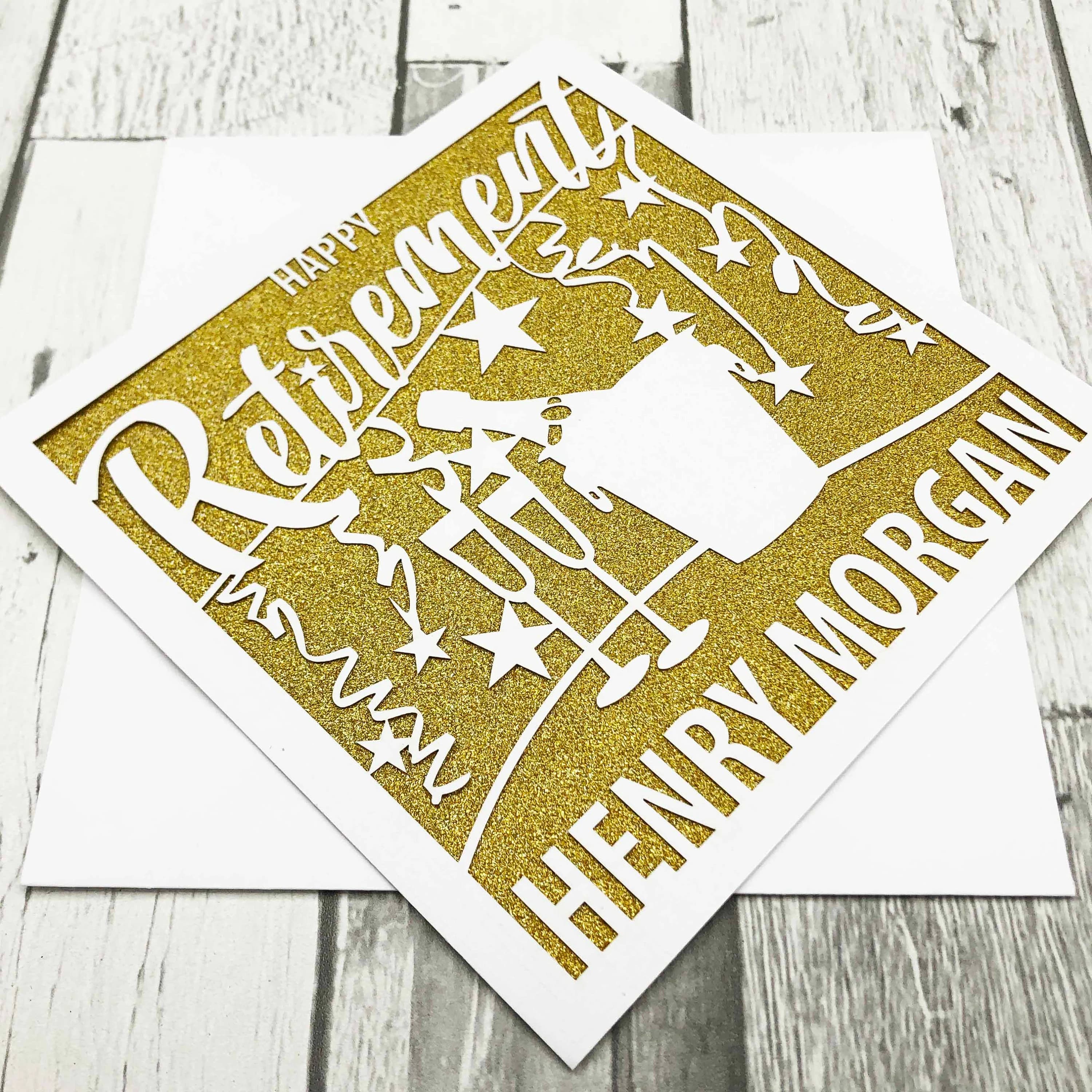 Personalised Retirement Card, Laser Cut Glitter Design