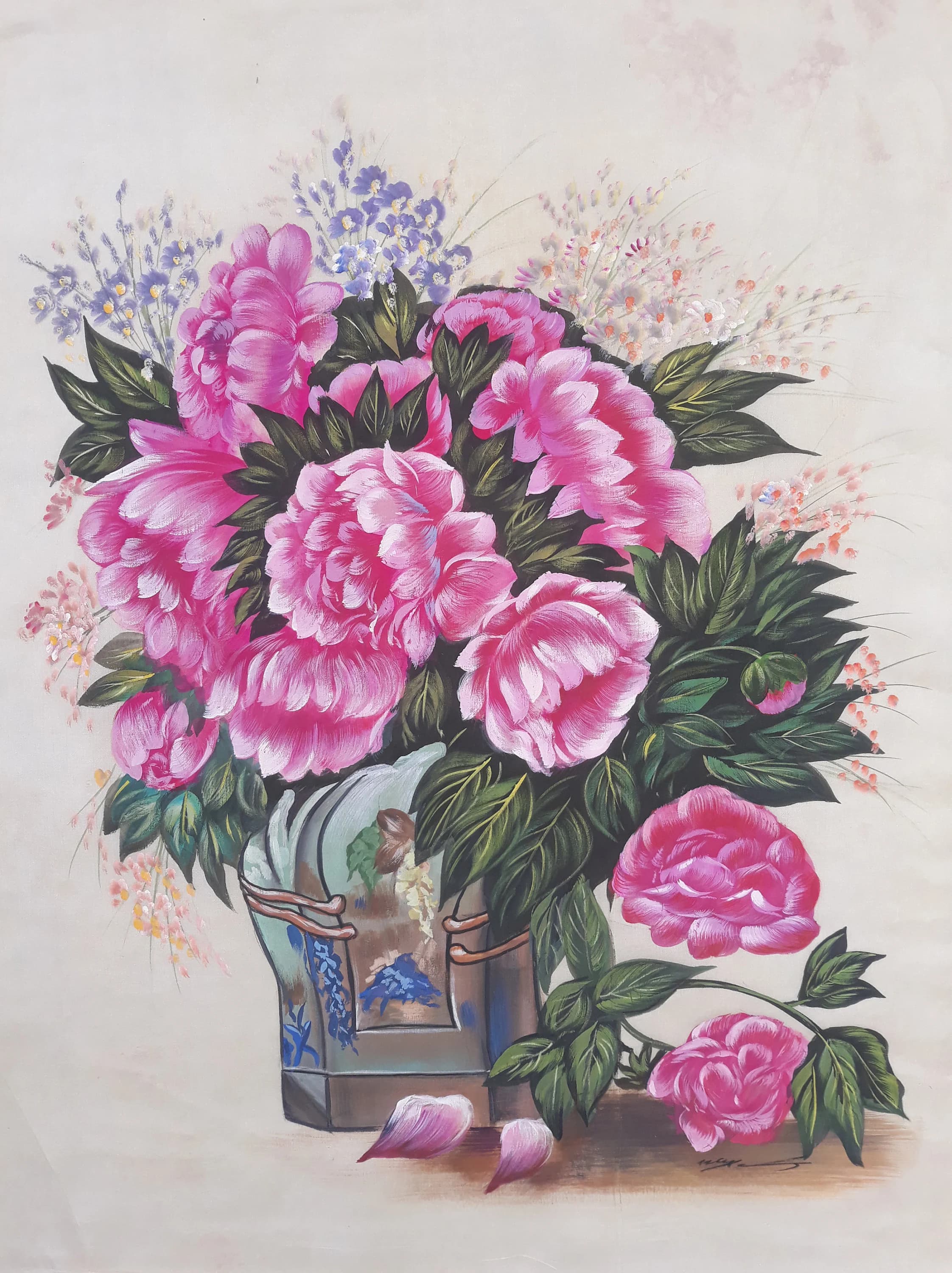 Pink Rose Painting on Silk: Handmade Floral Wall Art (22x27 Inches)