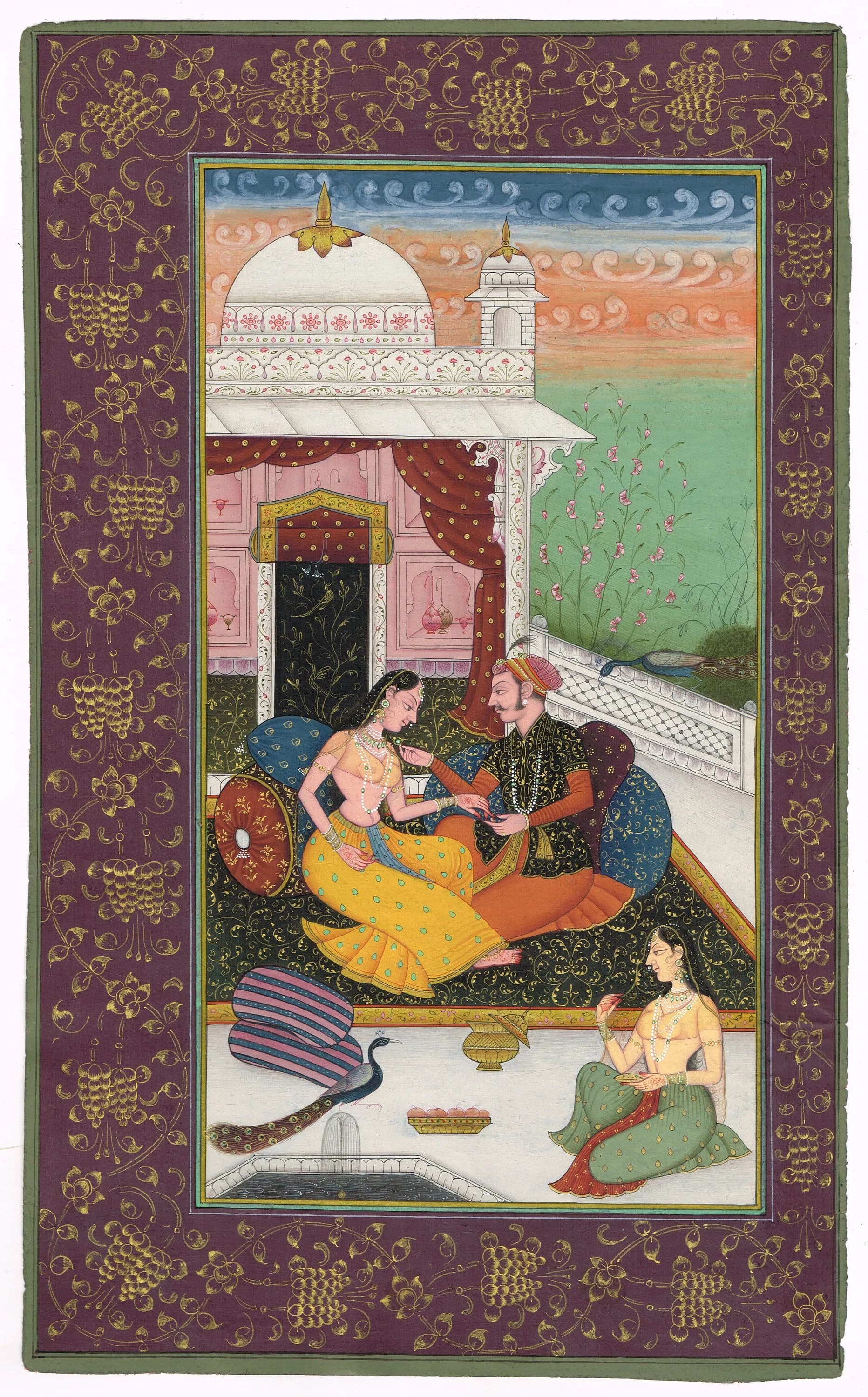 Vintage Mughal Art: Indian King and Queen Love Scene Miniature Painting