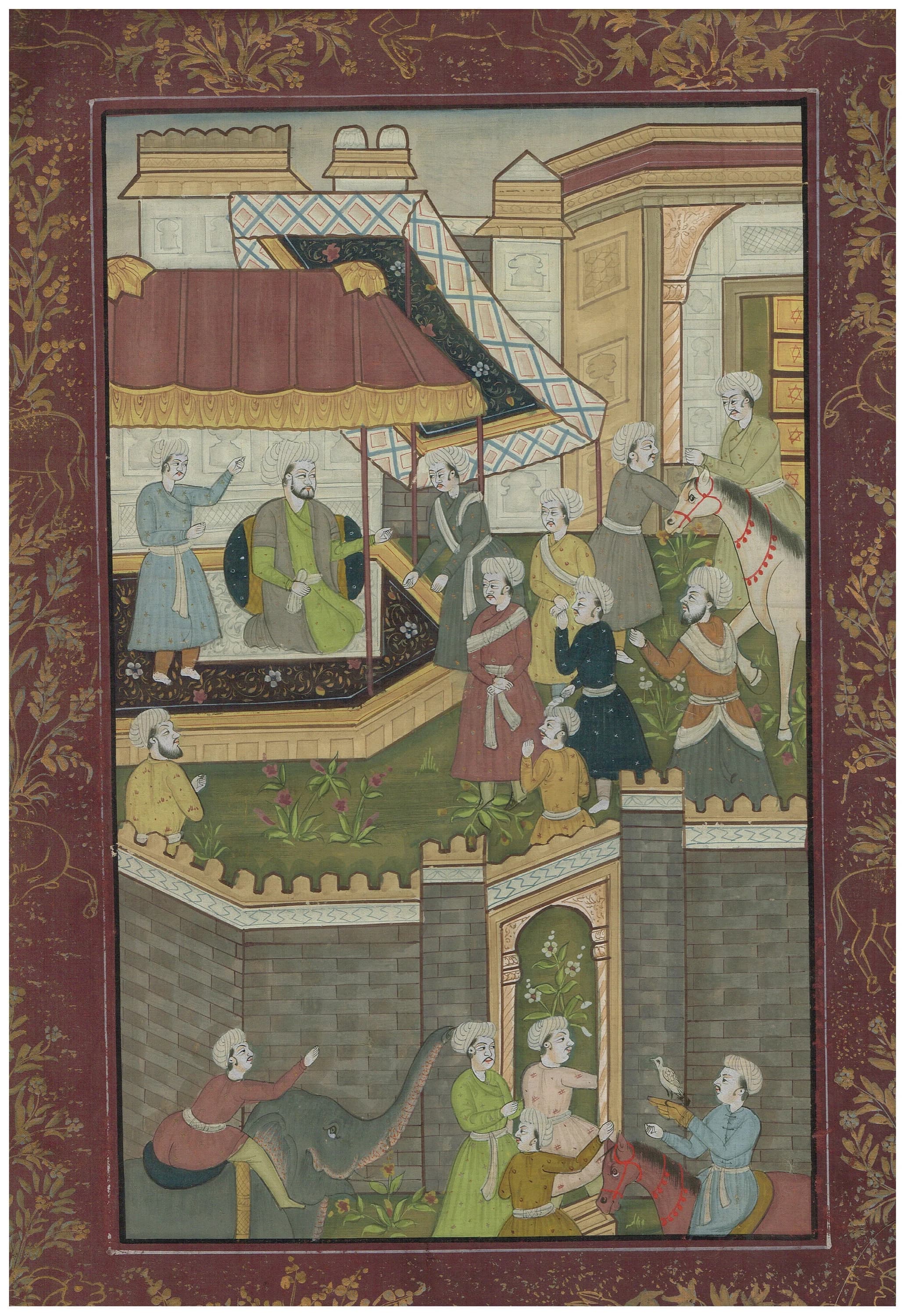 Vintage Persian Miniature Art Painting: Darbar Court Scene on Silk (16x21.5 Inches)