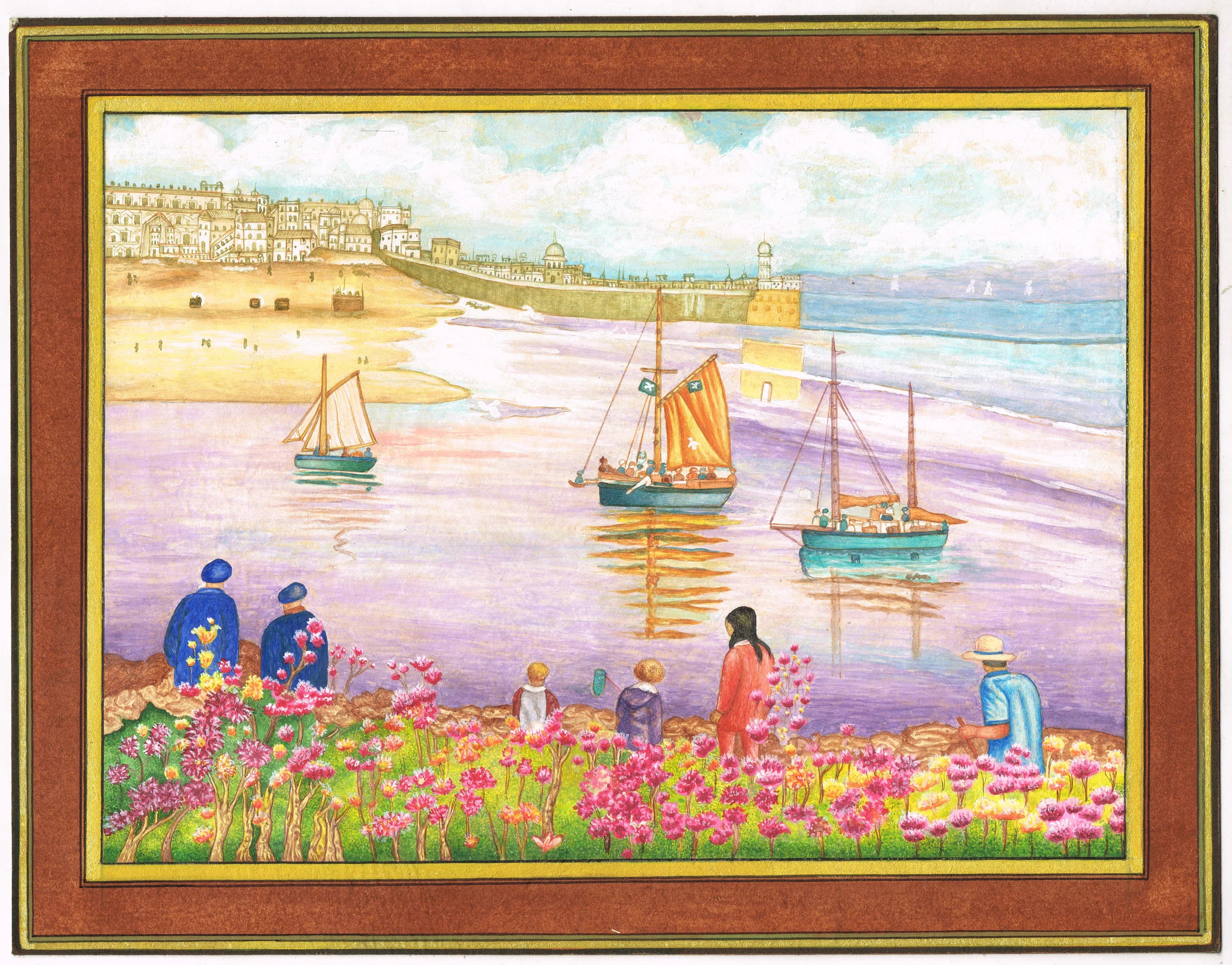 Handmade Folk Art Painting: Coastal Scene with Gold Ink (13.5x10.5 Inches)