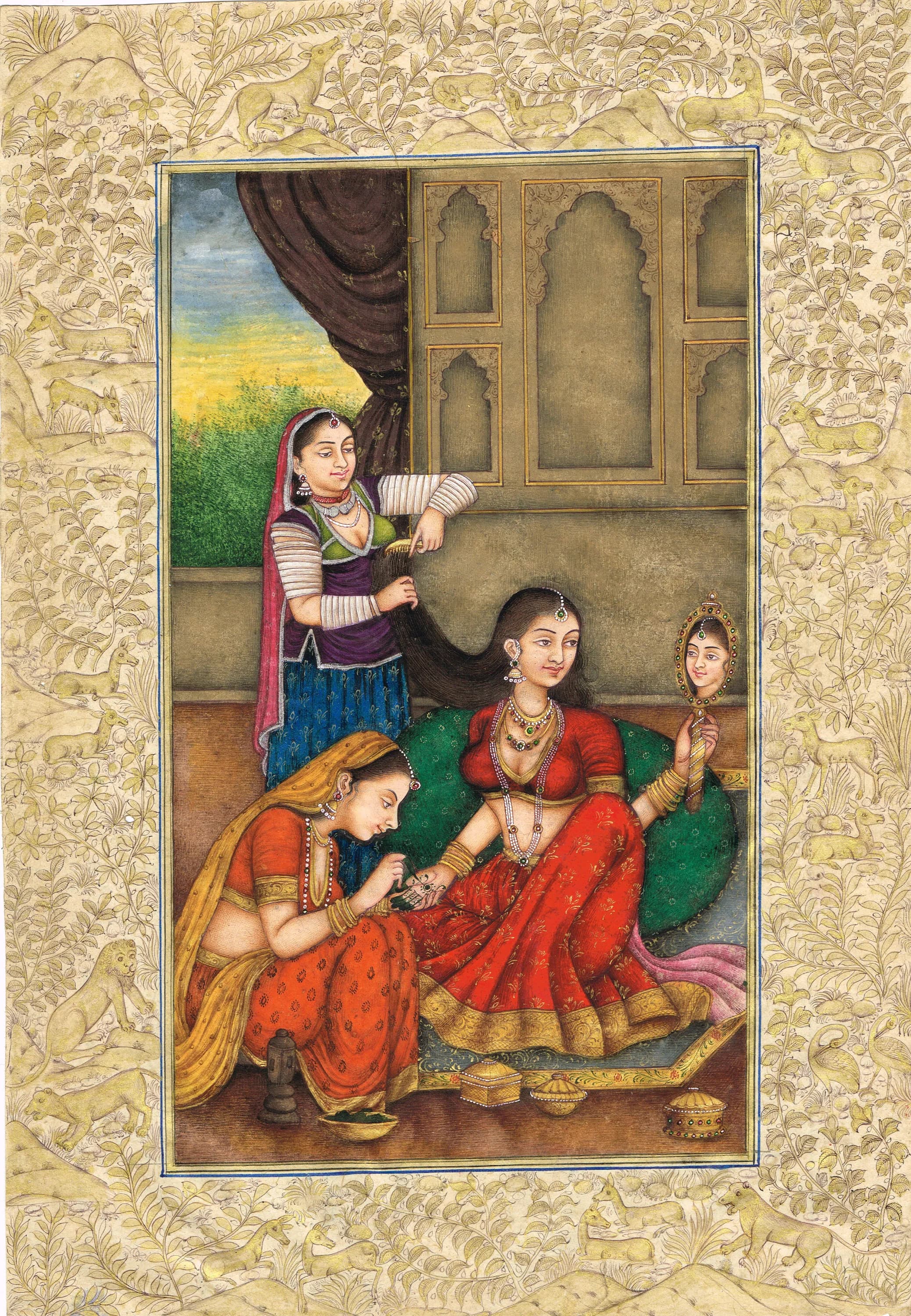 Rajasthani Miniature Painting – Rajput Queen Getting Ready, Indian Makeup Art (7.5x11 Inches) - image 3