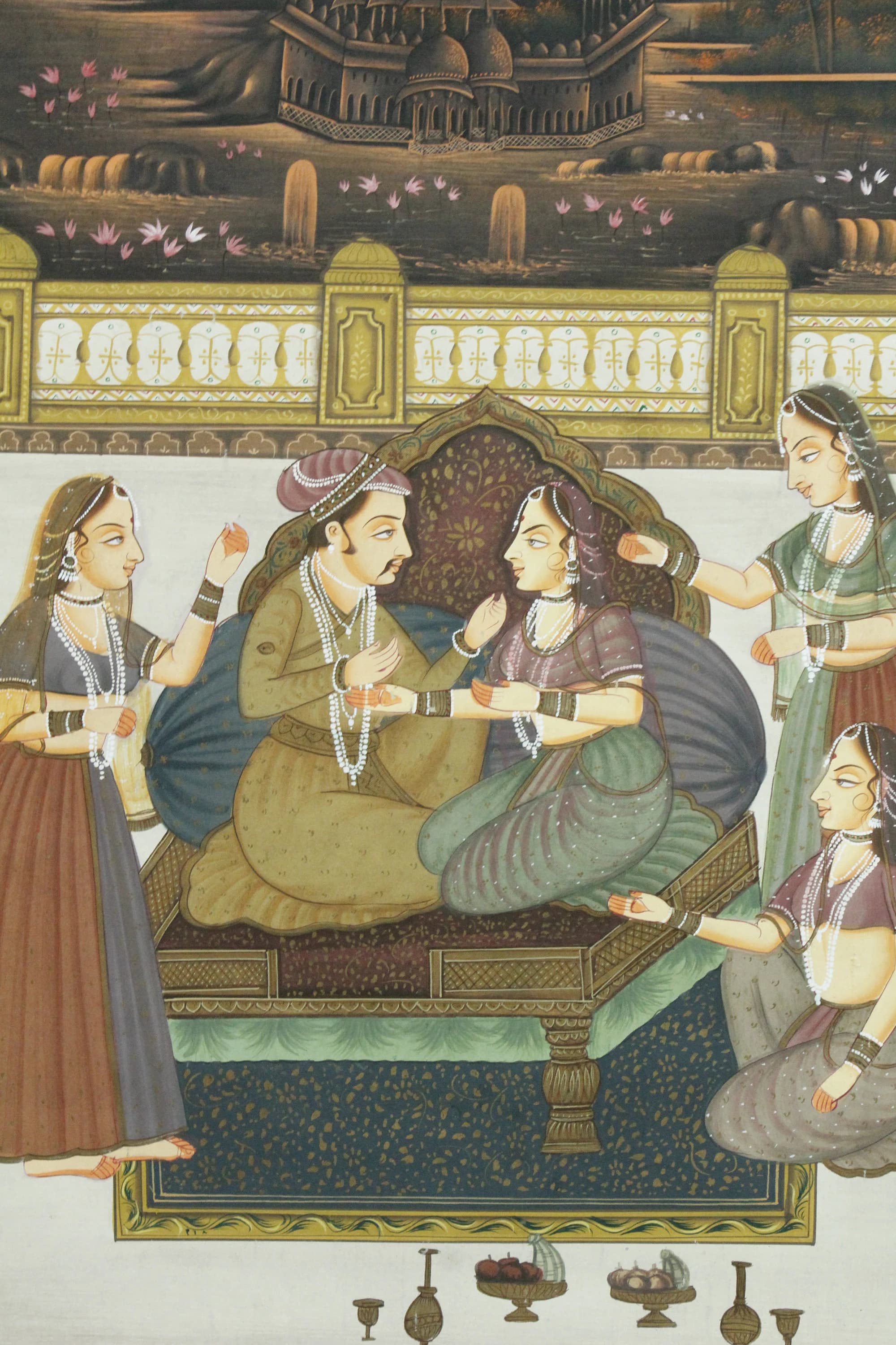 Indian Miniature Painting: King and Queen Love Scene on Silk (16x22 inches) - image 5