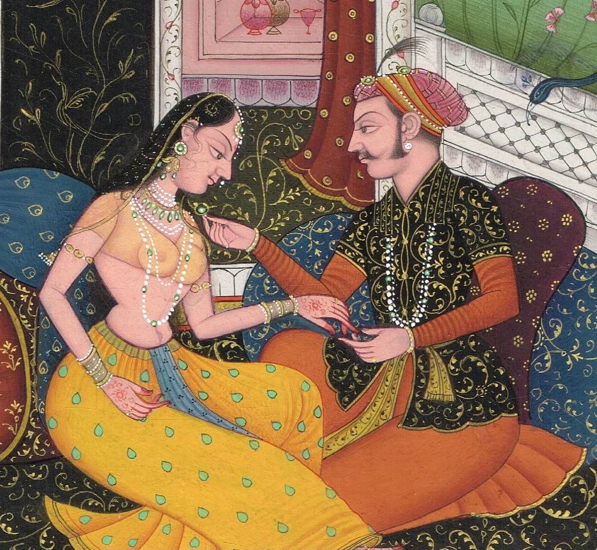 Vintage Mughal Art: Indian King and Queen Love Scene Miniature Painting - image 4