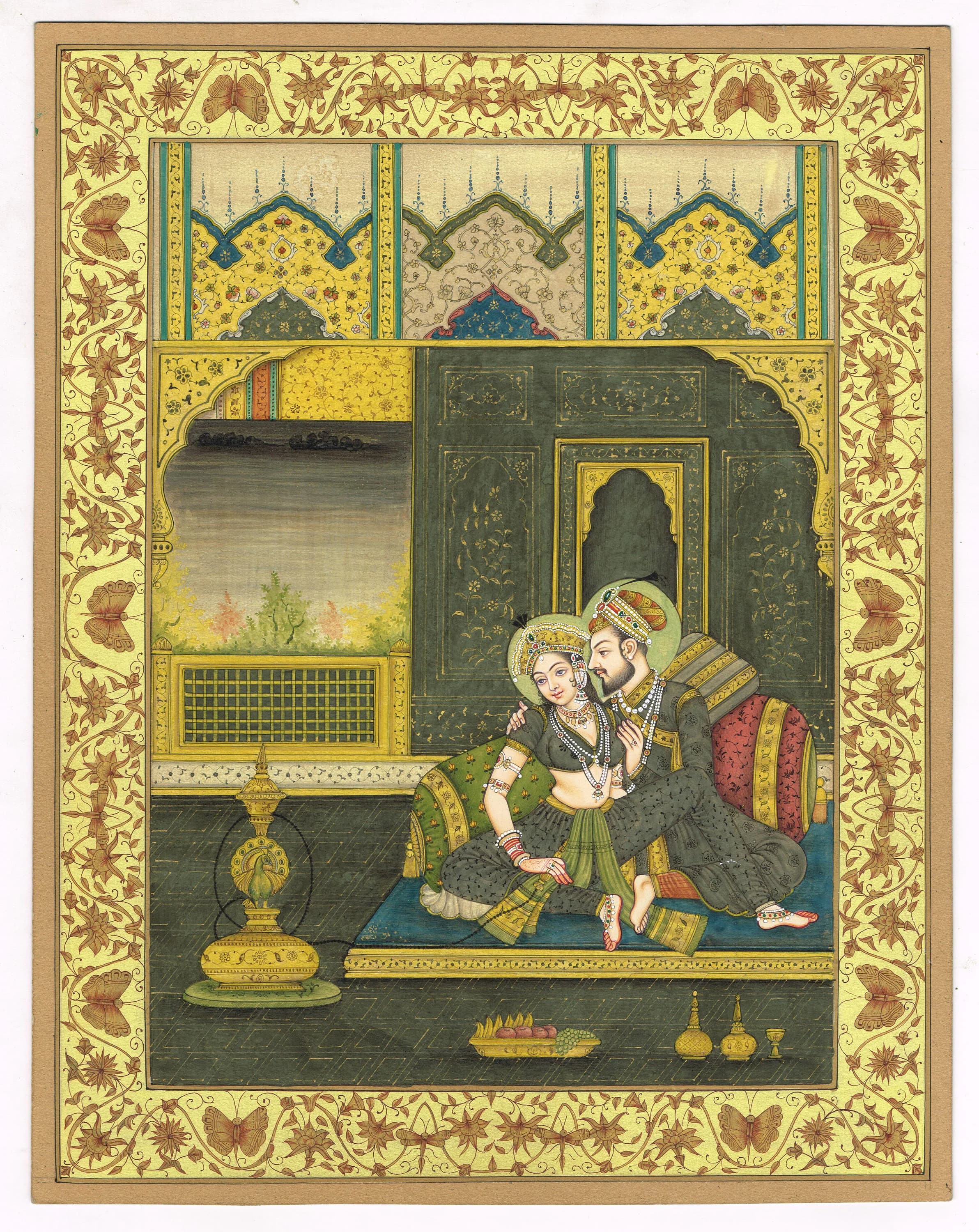 India Miniature Painting Of Mughal Emperor Shahjahan & Empress Mumtaz Mahal Love Scene Art On Paper | Indian Mughal Art Painting For Wall