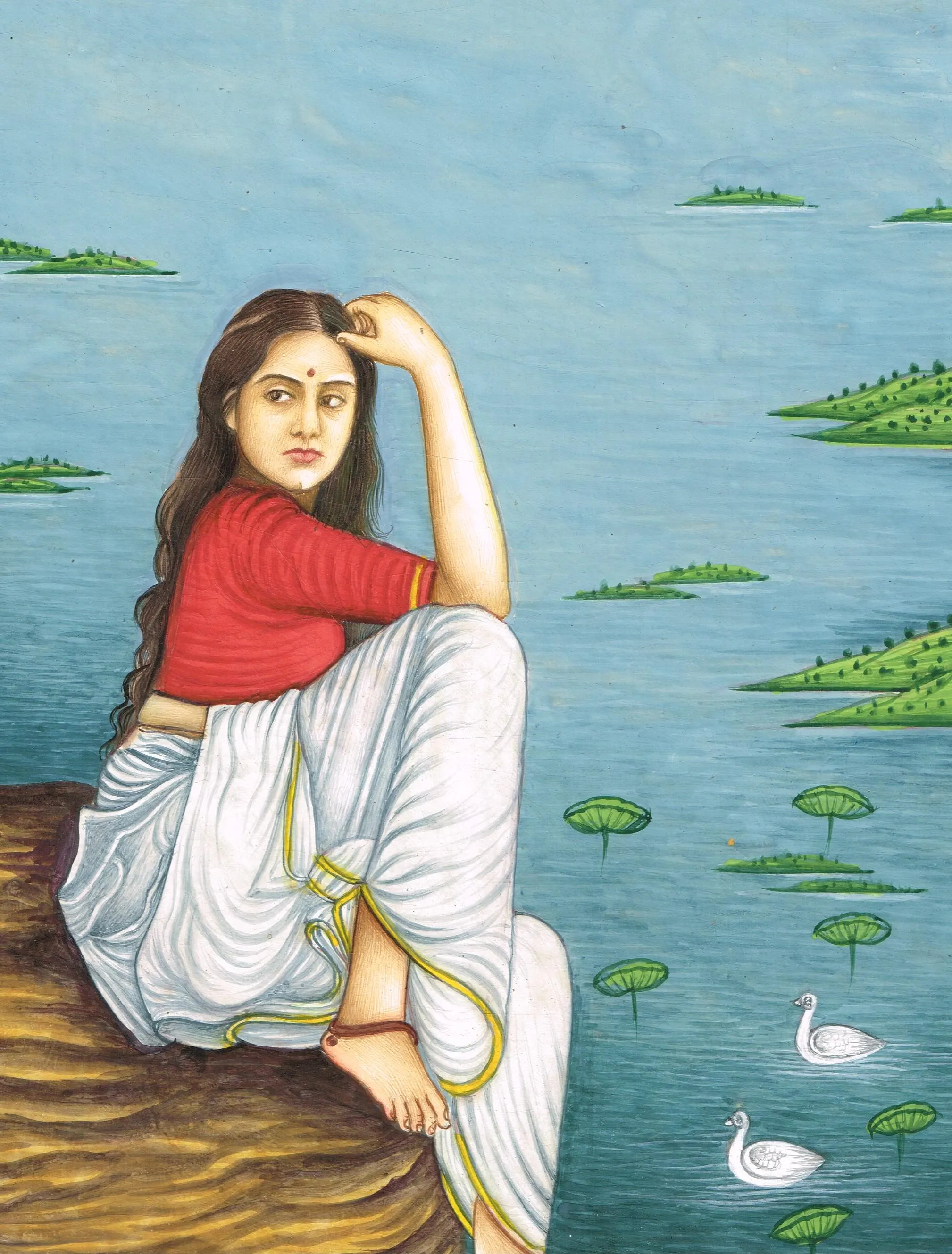 Handmade Indian Miniature Painting: Woman by Lake, Fine Art (7x10 Inches) - image 5