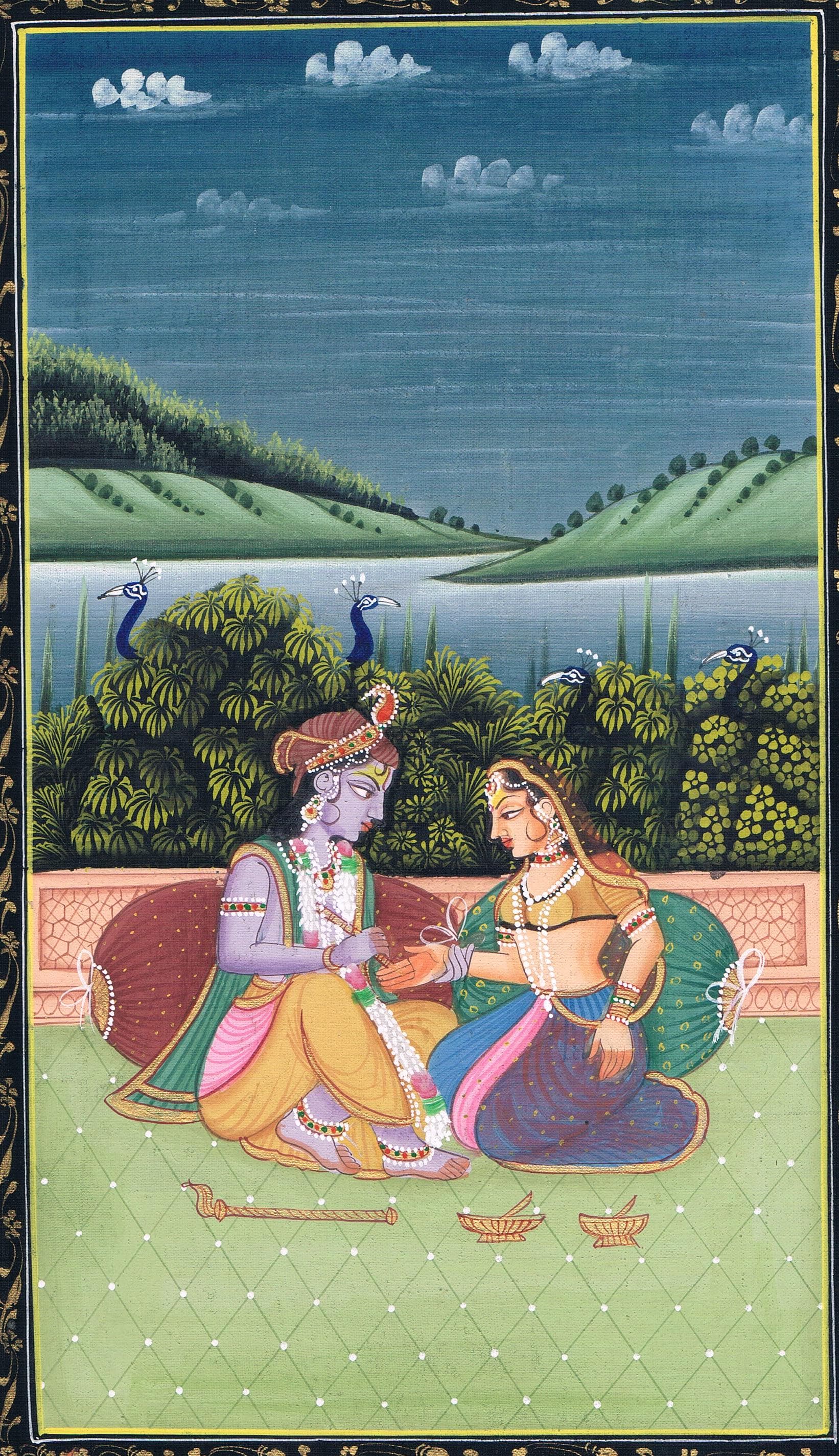 Radha Krishna Painting: Hand Miniature Indian Art on Silk (7x11 Inches) - image 5