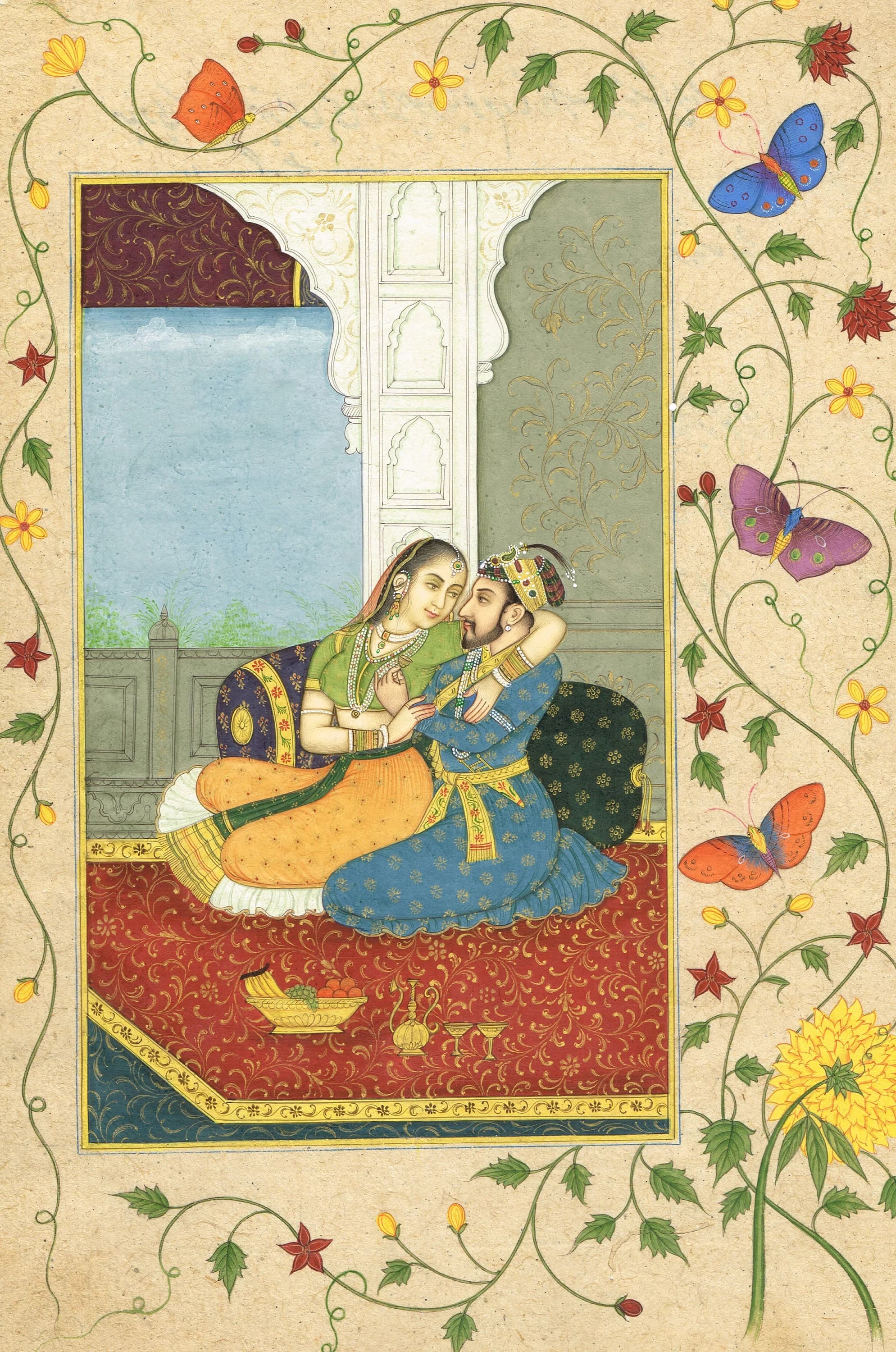 Mughal Art Painting: Shahjahan and Mumtaz Love Scene, Vintage Indian Miniature - image 5