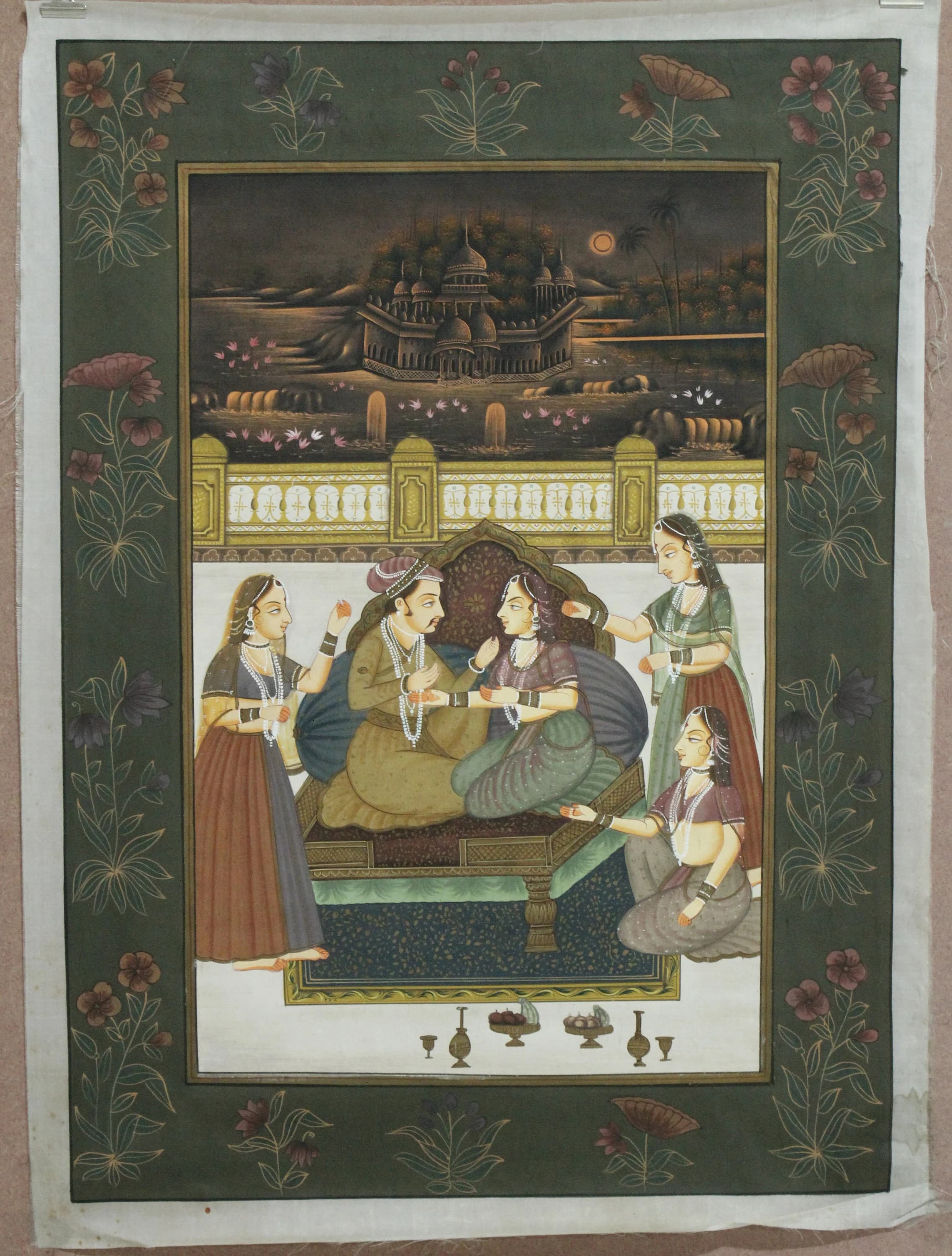 Indian Miniature Painting: King and Queen Love Scene on Silk (16x22 inches) - image 3